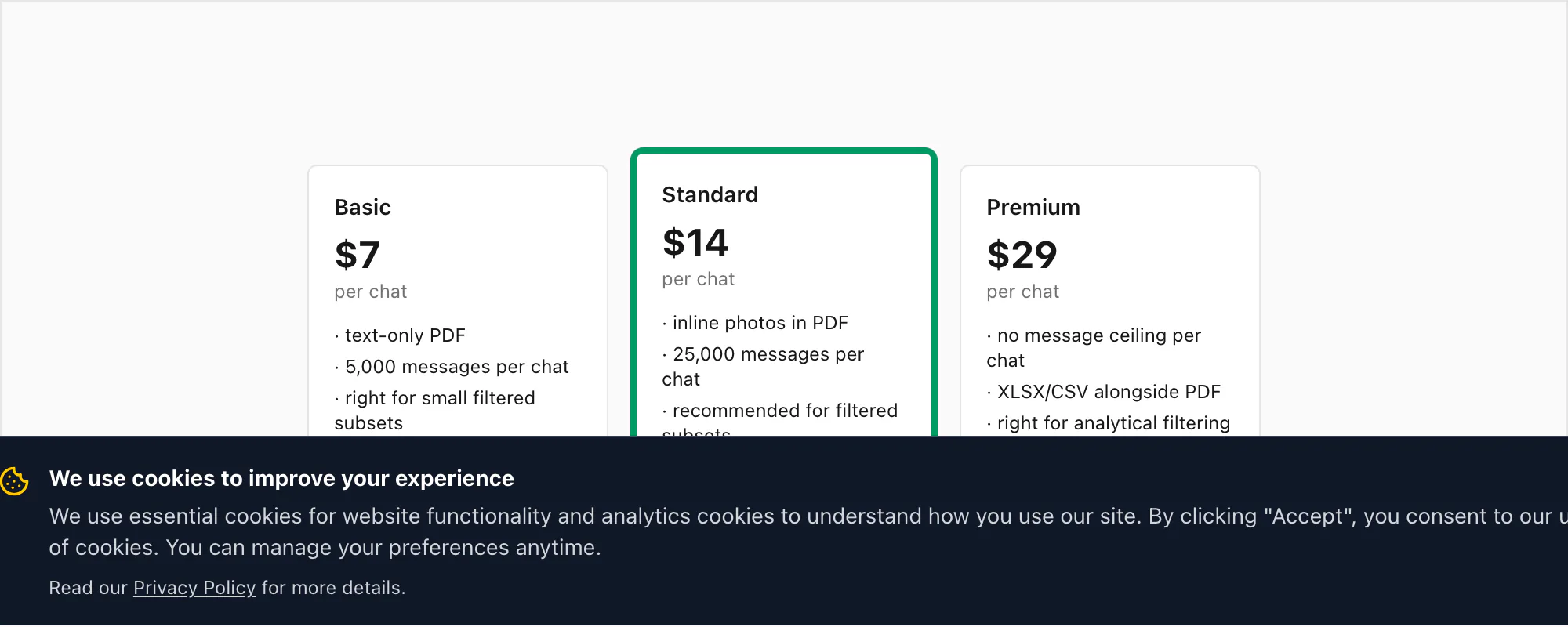 ChatToPDF pricing tiers showing Standard $14 per chat as the recommended option for granular message workflows