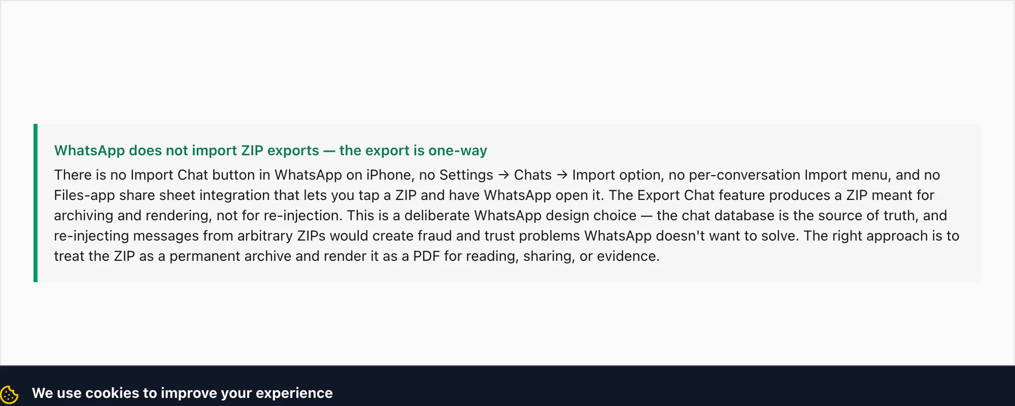 Callout — WhatsApp does not support importing a ZIP back into the app; export is one-way for reading or archiving