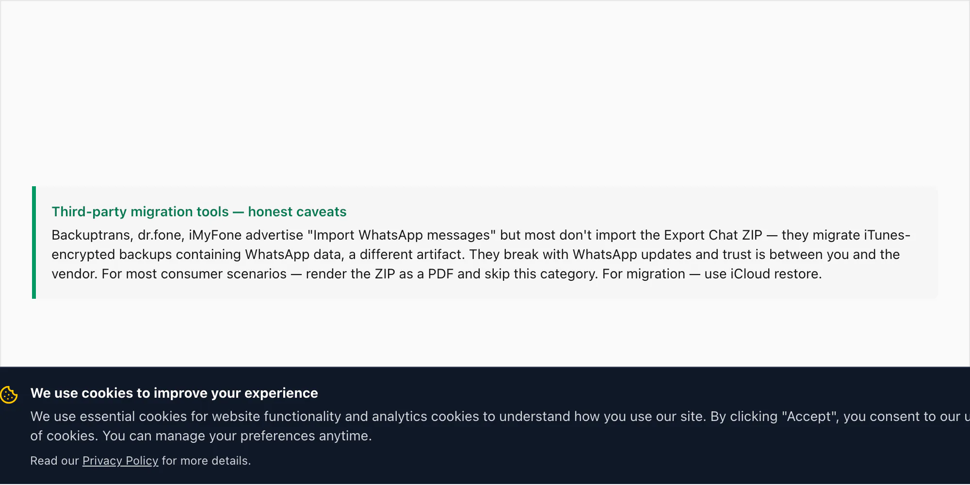 Callout listing third-party WhatsApp migration tools — Backuptrans, dr.fone, iMyFone — with caveats about breakage