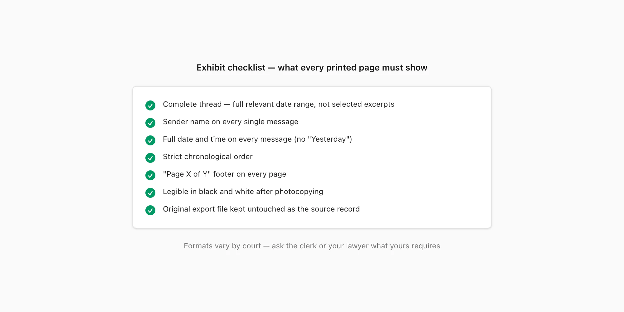 Checklist of what every page of a printed text message exhibit must show: sender, date, time, and page number