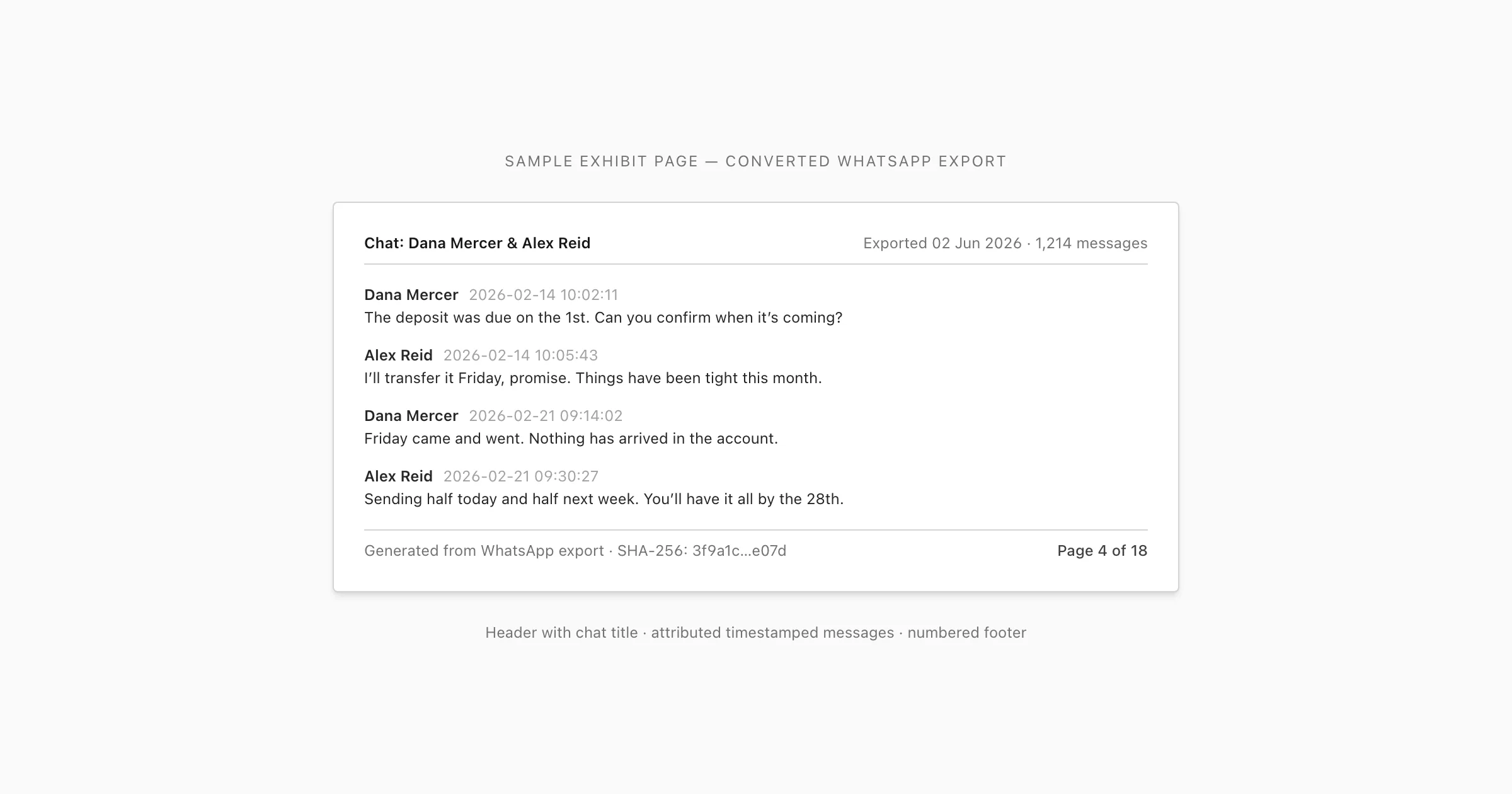 Sample printed exhibit page with chat title header, page number footer, and timestamped messages attributed to each sender