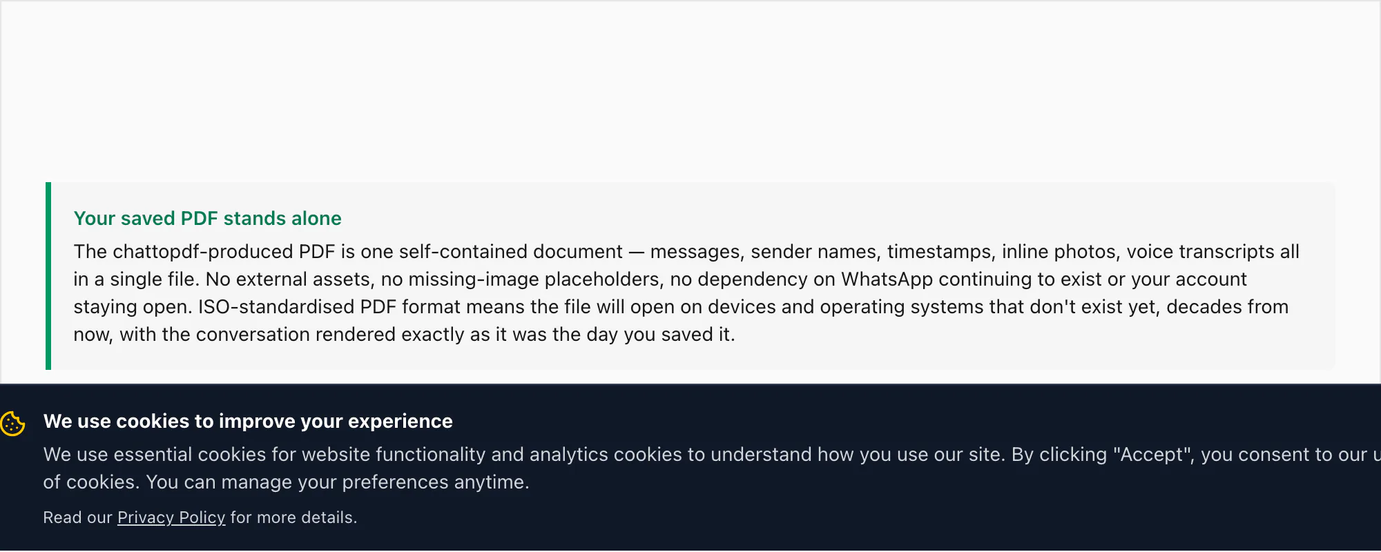 Callout panel — the saved PDF is one self-contained document that survives device changes, OS upgrades and account loss