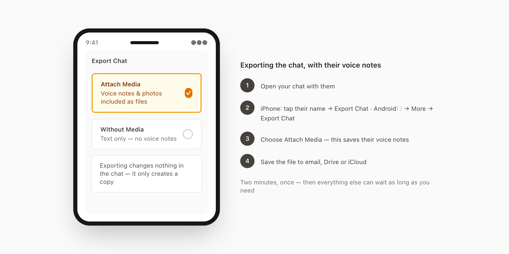 WhatsApp Export Chat screen with Attach Media selected so voice notes are saved inside the export file