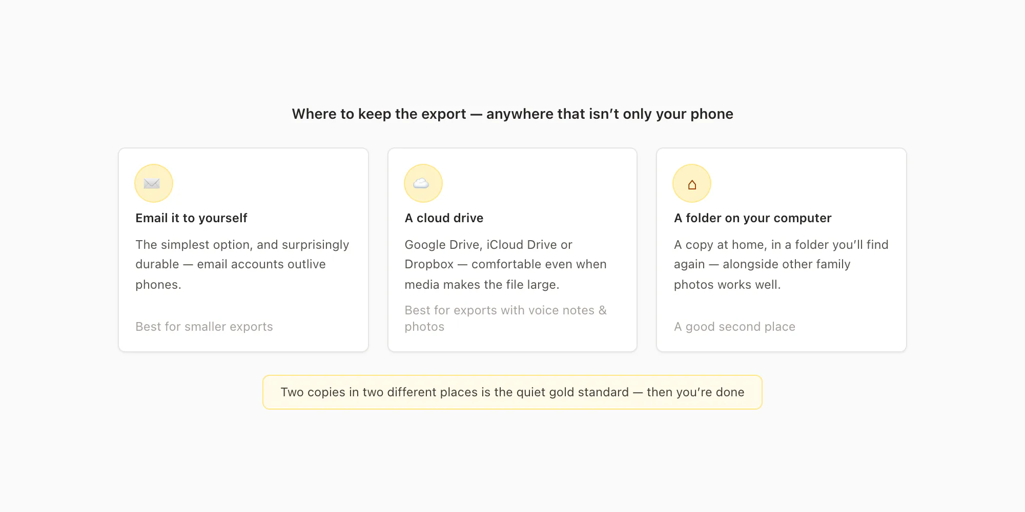 Three safe places to keep the WhatsApp export outside your phone: email to yourself, a cloud drive, or your computer