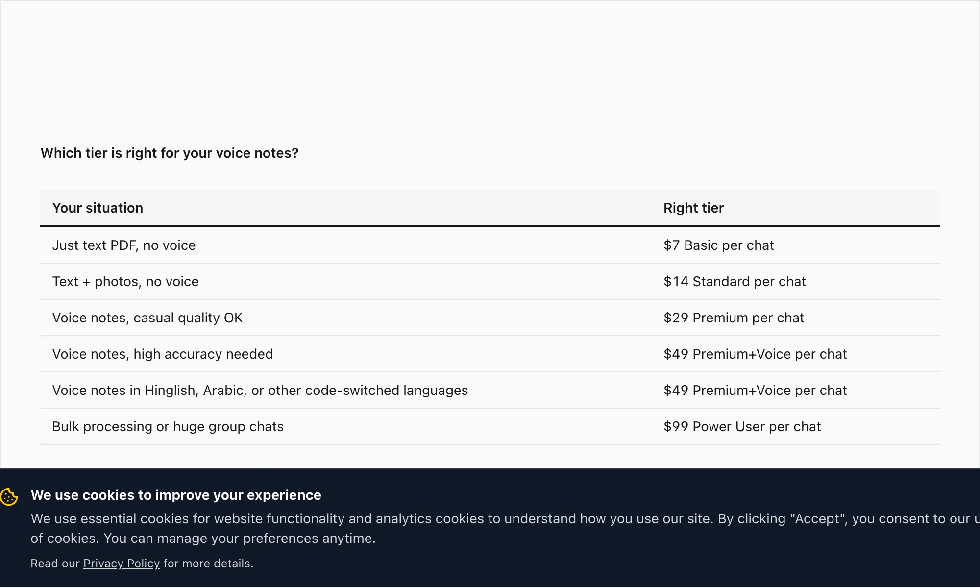 Decision tree mapping voice transcription needs to the right chattopdf tier per chat conversion