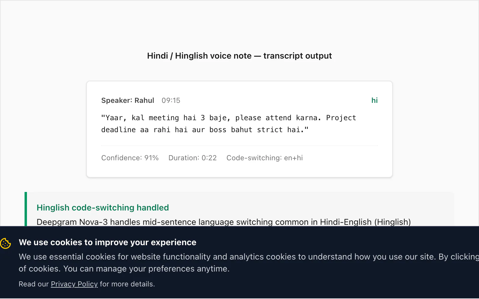 Hindi-Hinglish WhatsApp voice note rendered as transcript with code-switching preserved