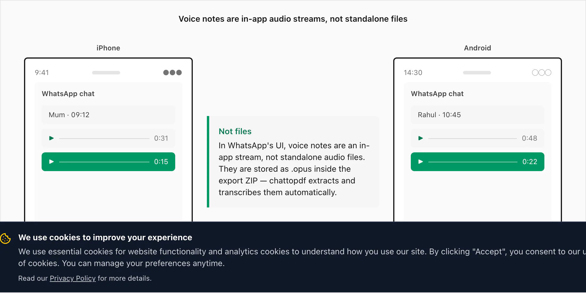 WhatsApp voice notes shown as in-app audio bubbles, not standalone audio files, on iPhone and Android