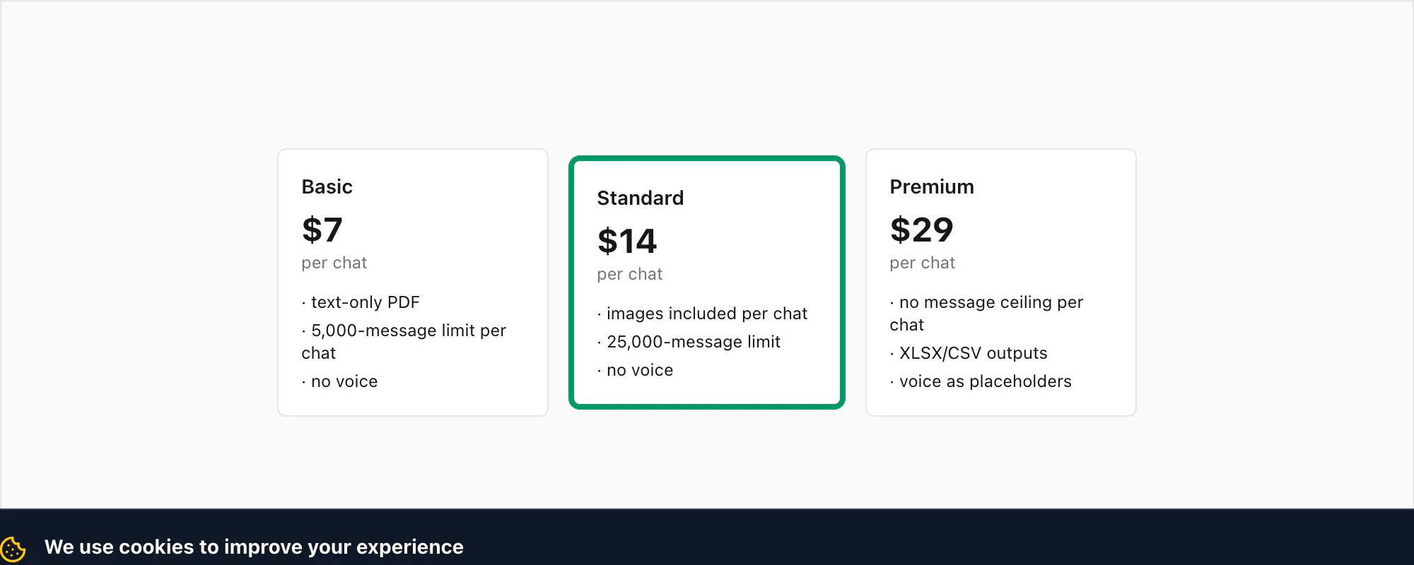 ChatToPDF pricing tiers Basic Standard and Premium per chat for converting a WhatsApp export ZIP to a PDF