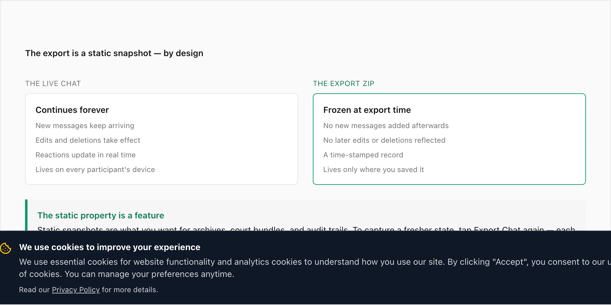 Static snapshot concept — live chat keeps updating while the export ZIP stays frozen at the moment of export