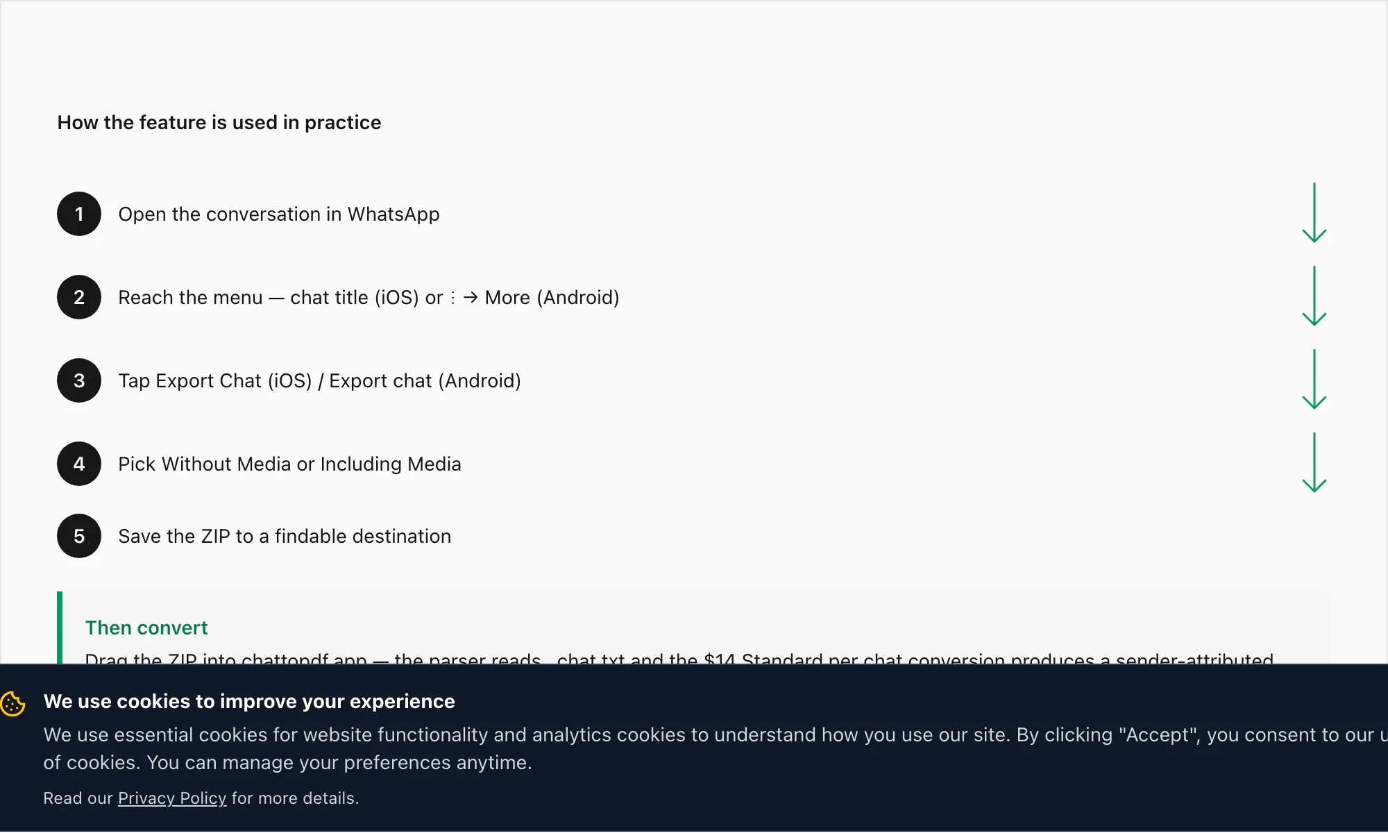 Four-step flow to use the export chat feature on WhatsApp from opening the chat to saving the ZIP