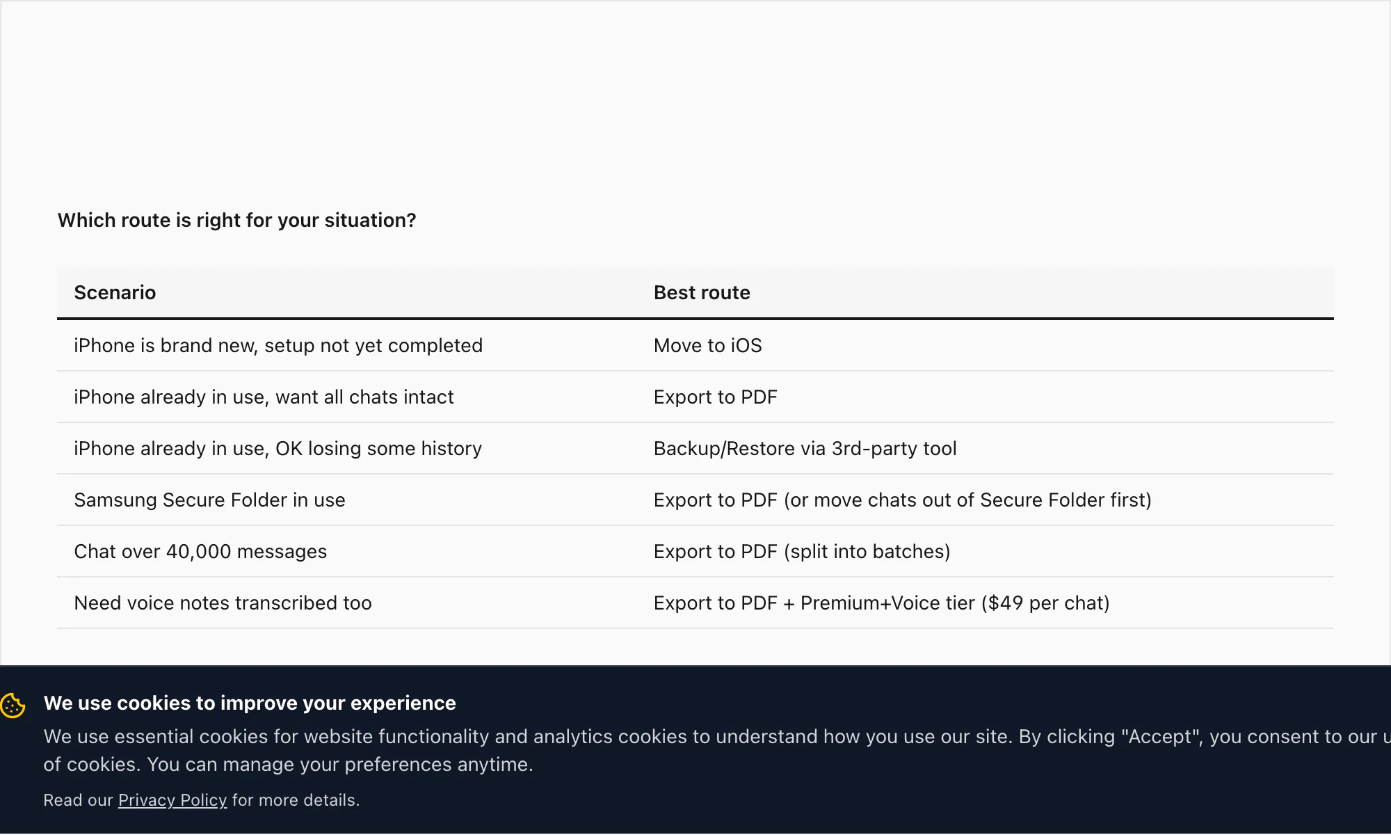 Decision tree mapping common Android-to-iPhone scenarios to one of three transfer routes