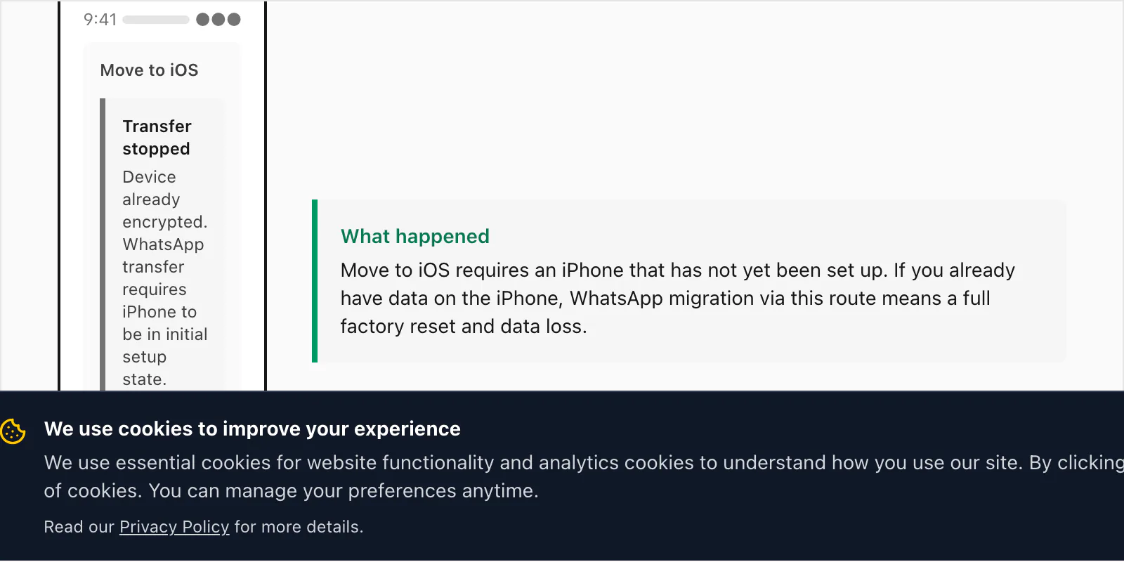 Move to iOS device-already-encrypted error message with the iPhone reset prompt and the data-loss warning