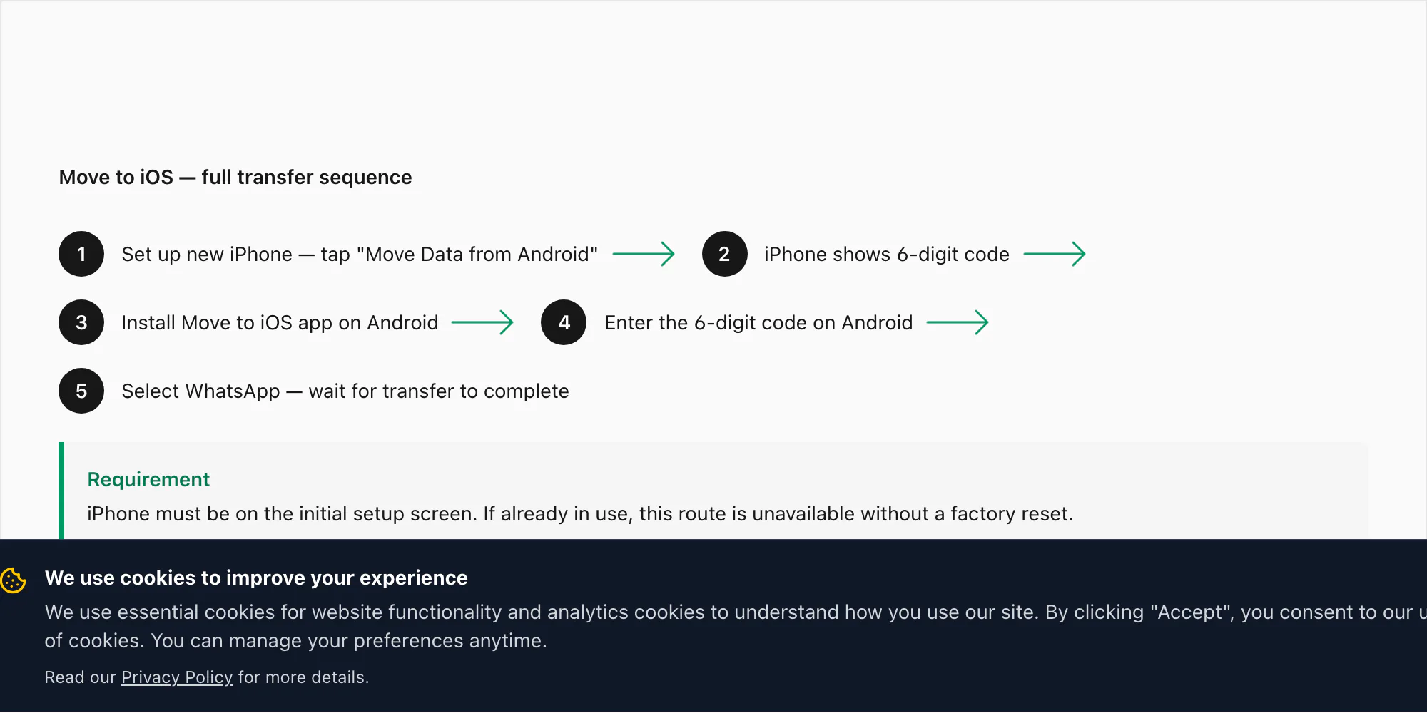 Move to iOS app pairing flow showing the QR code on iPhone and the install prompt on Android