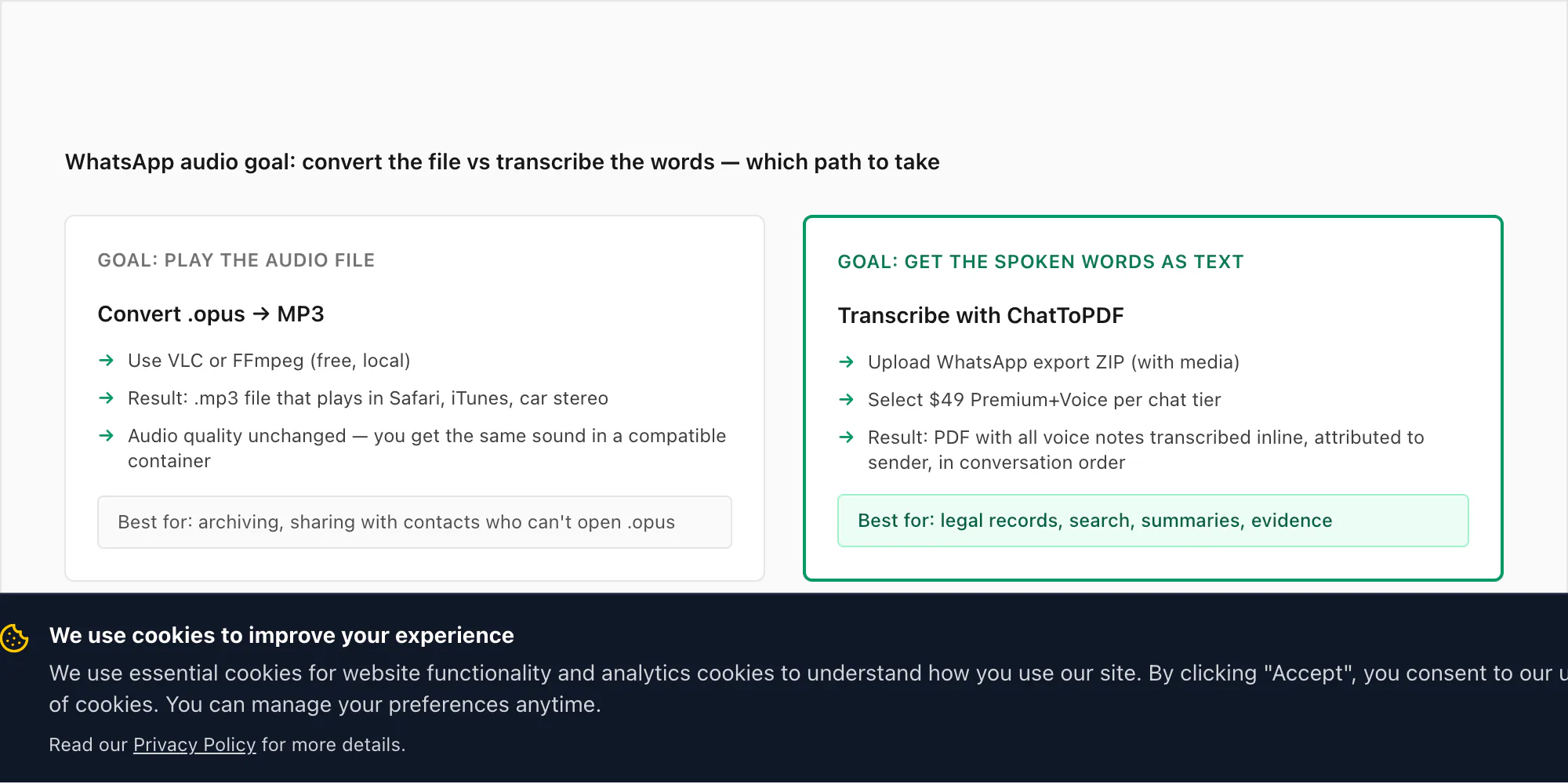 Decision split: convert whatsapp audio to MP3 for playback compatibility vs transcribe with ChatToPDF to extract words