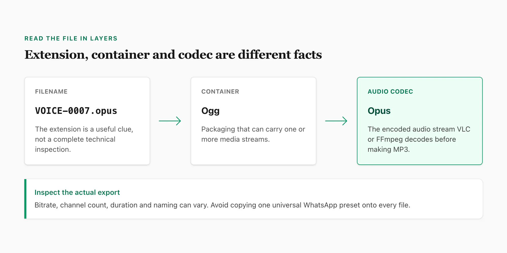 WhatsApp audio file anatomy separating the filename extension, Ogg container and Opus codec before MP3 conversion