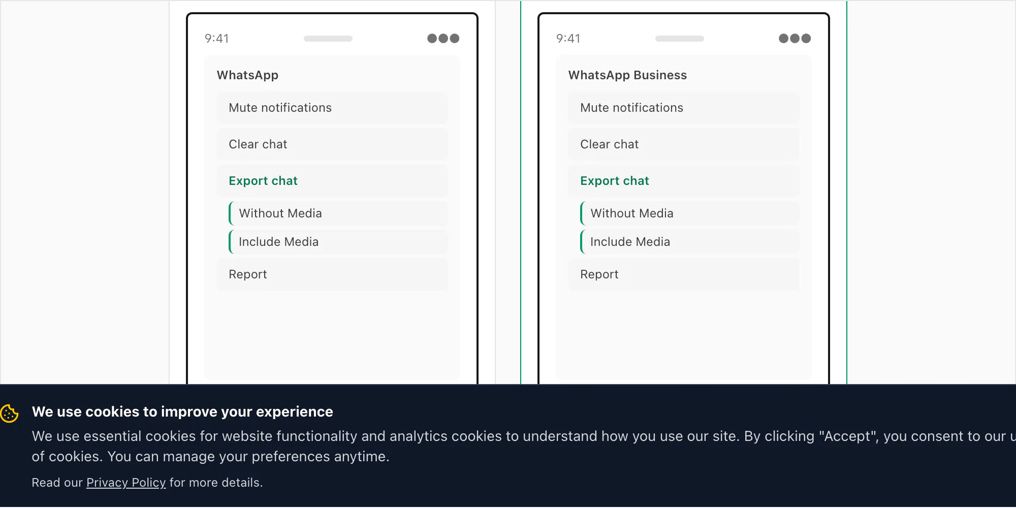 WhatsApp Business and WhatsApp personal Export Chat menus side-by-side, with the small differences highlighted