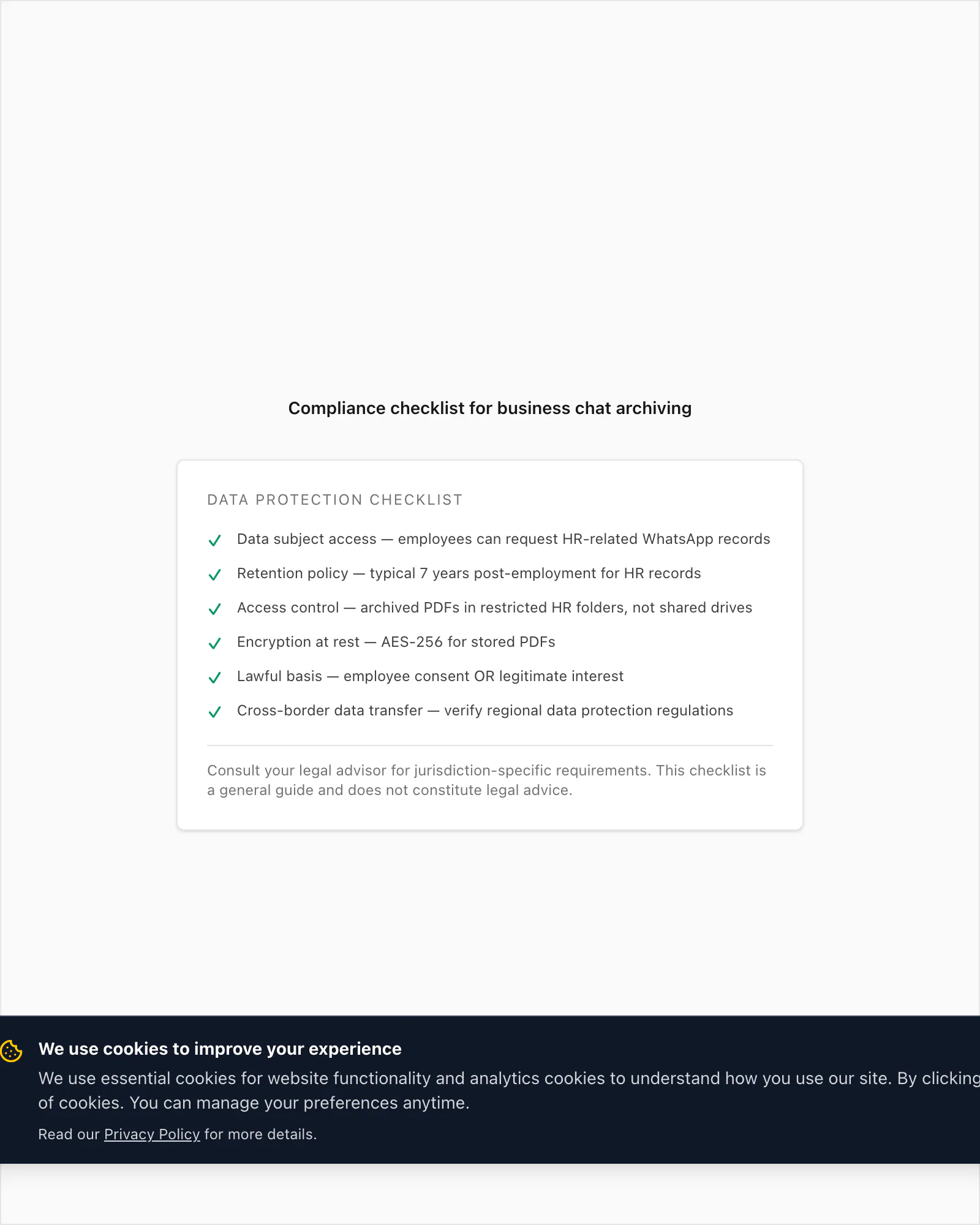 Compliance checklist for WhatsApp Business chat archiving across data protection laws, retention, and access control