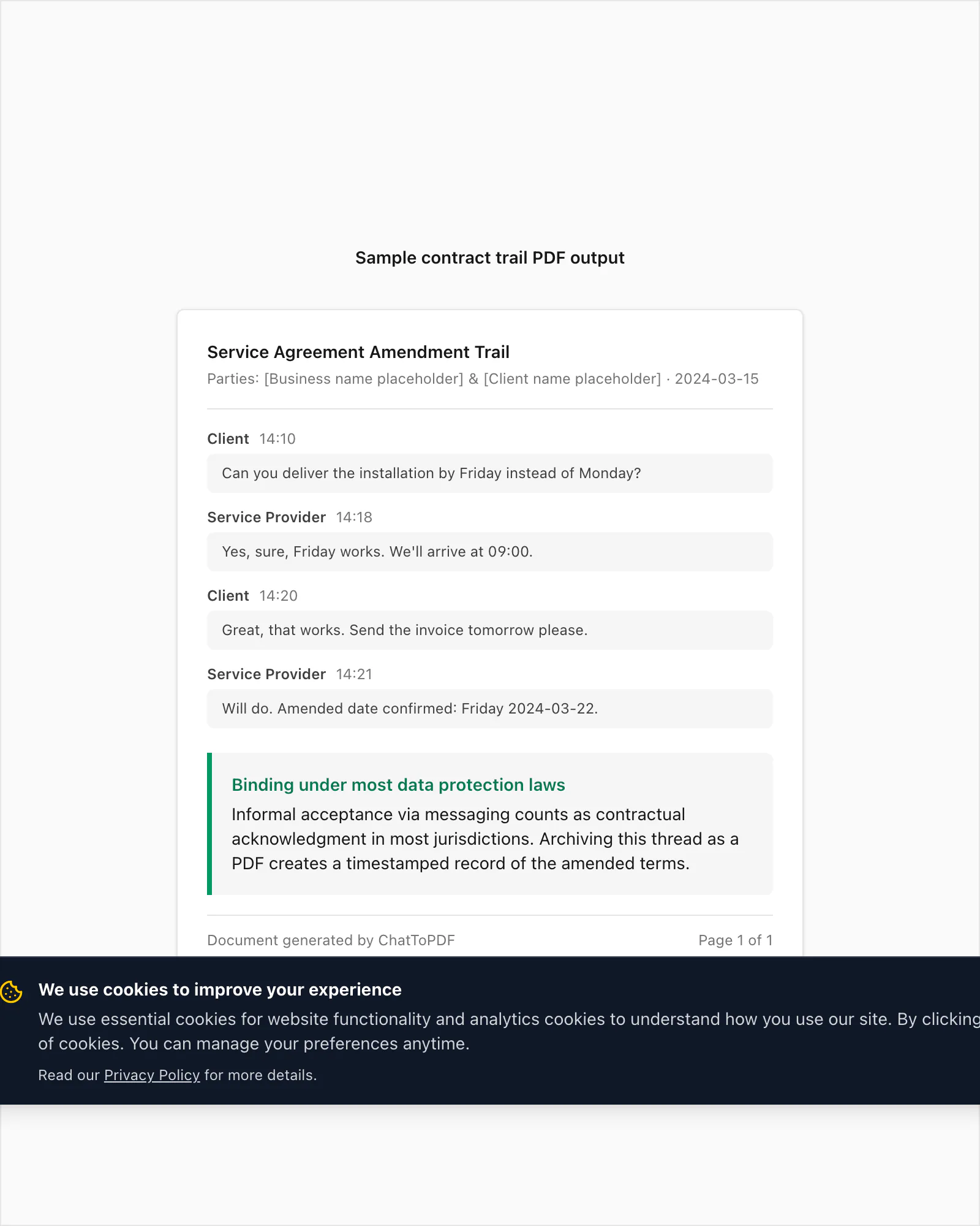 Sample contract trail PDF showing an informal yes message thread treated as a binding agreement record