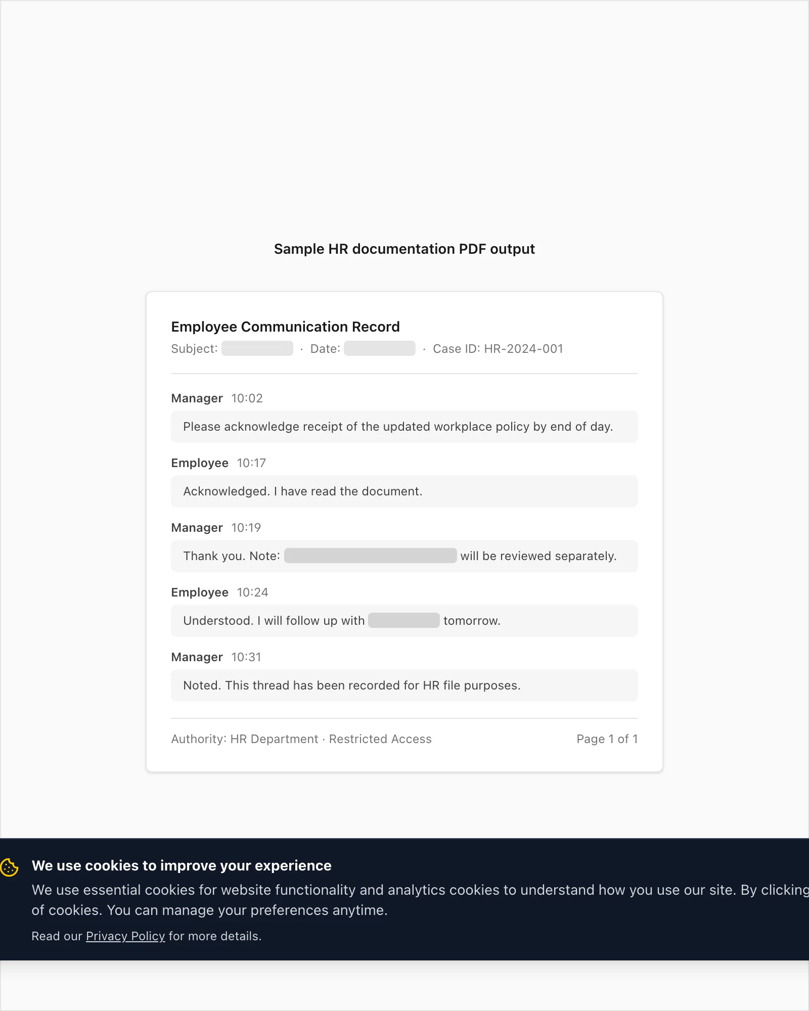 Sample HR documentation PDF showing employee chat exchange with redaction marks and a sender attribution header