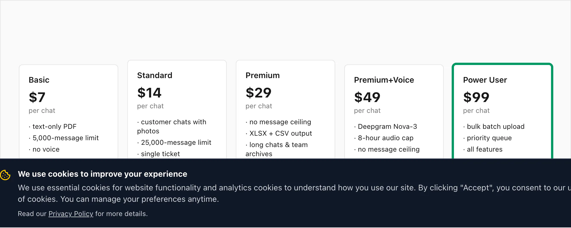 Pricing card highlighting the $99 Power User tier per chat conversion for high-volume business use cases