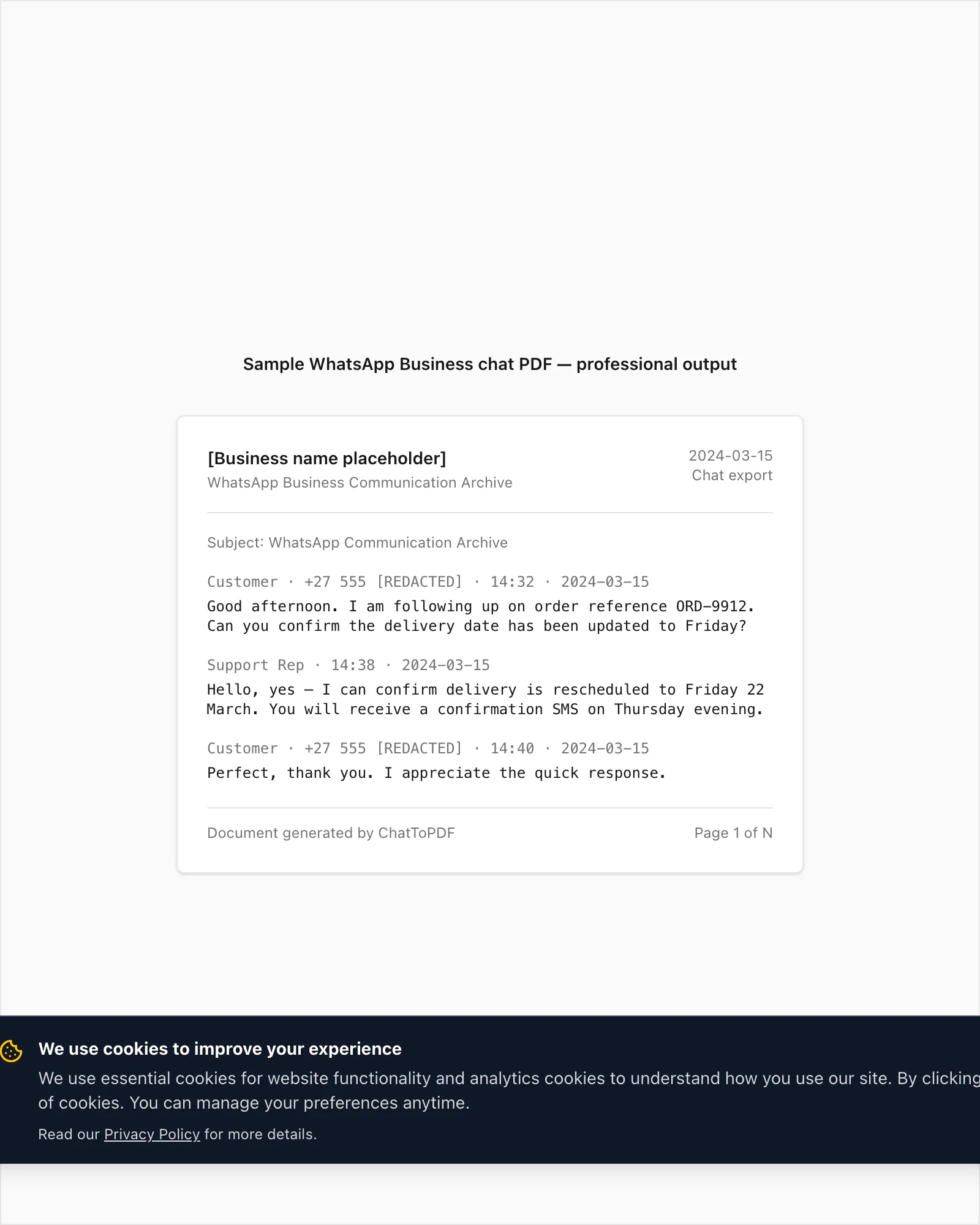 Sample WhatsApp Business chat PDF showing professional letterhead-style sender attribution and timestamps