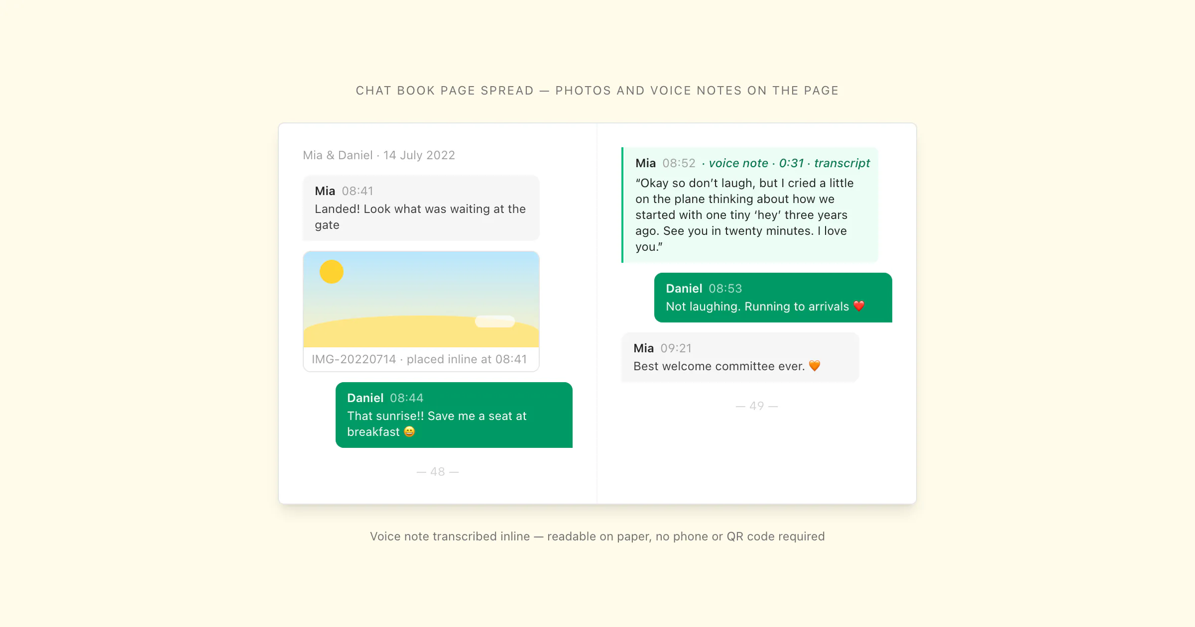 WhatsApp chat book page spread with chat bubbles, an inline photo, and a transcribed voice note readable on the page
