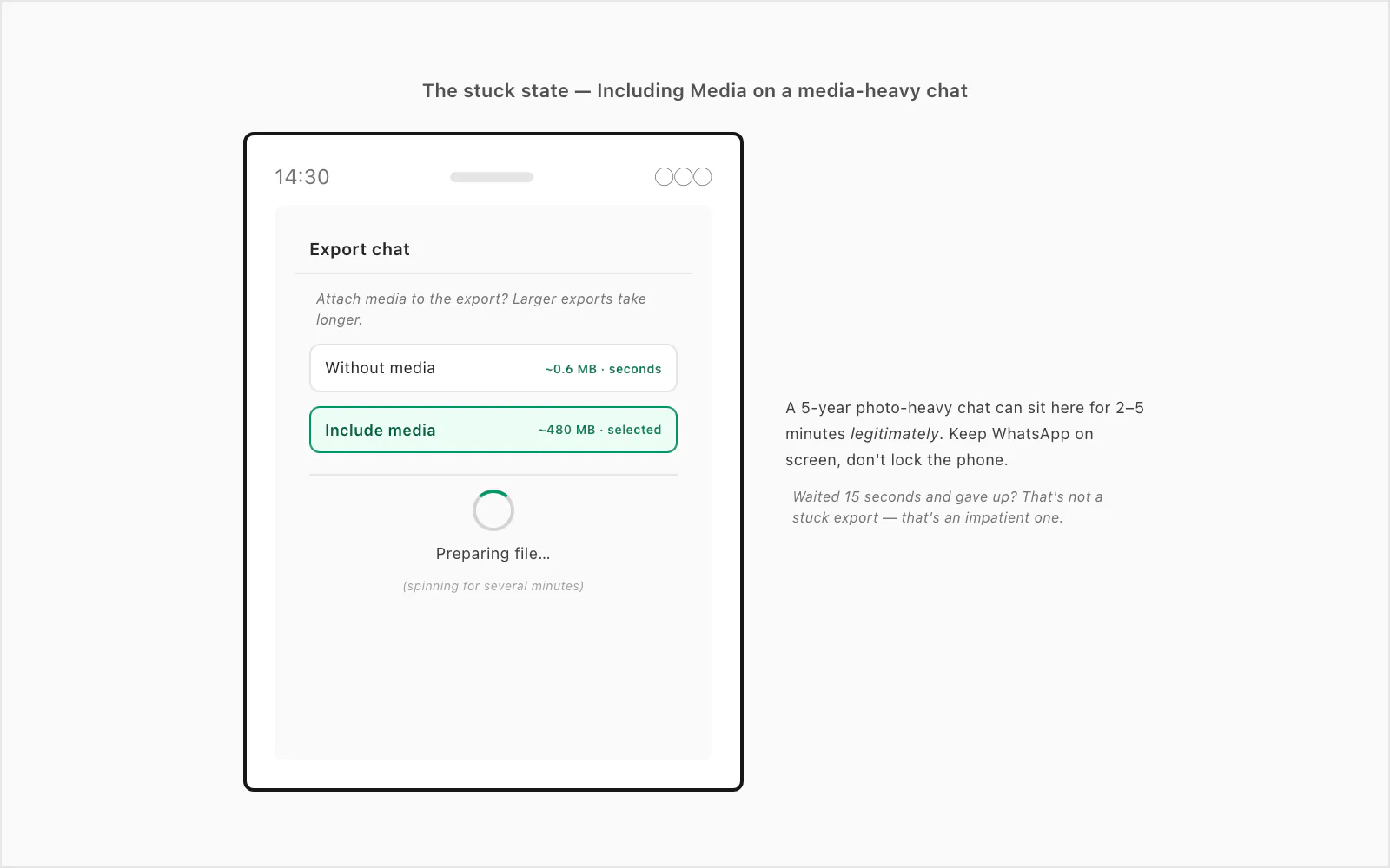 Android WhatsApp Export Chat sheet with the spinner frozen on Preparing file after picking Including Media on a big chat