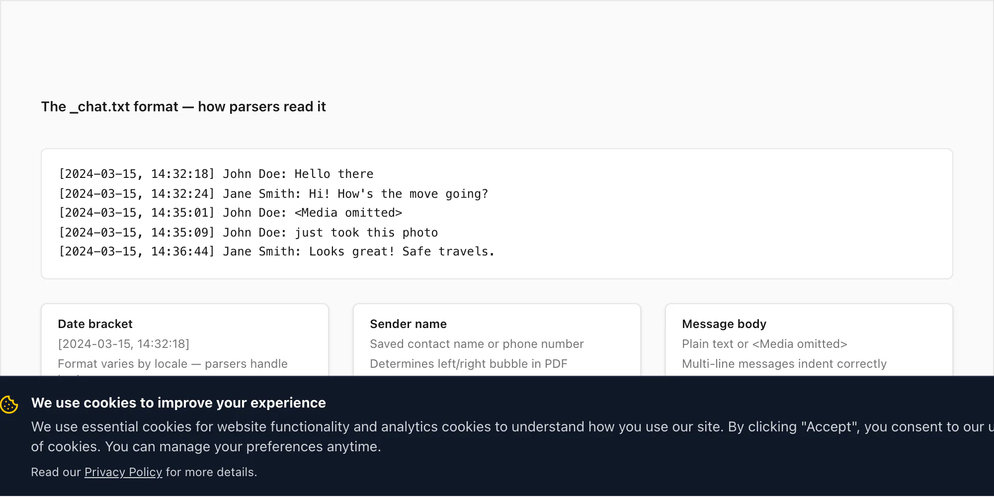 Sample _chat.txt lines showing the WhatsApp date-bracket-sender-message format that parsers depend on