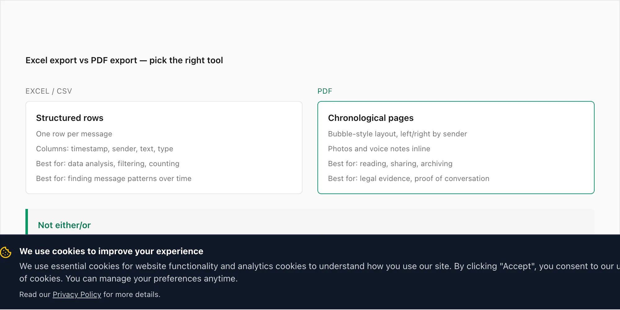 Excel vs PDF comparison: structured rows for analysis versus chronological pages for reading and archiving
