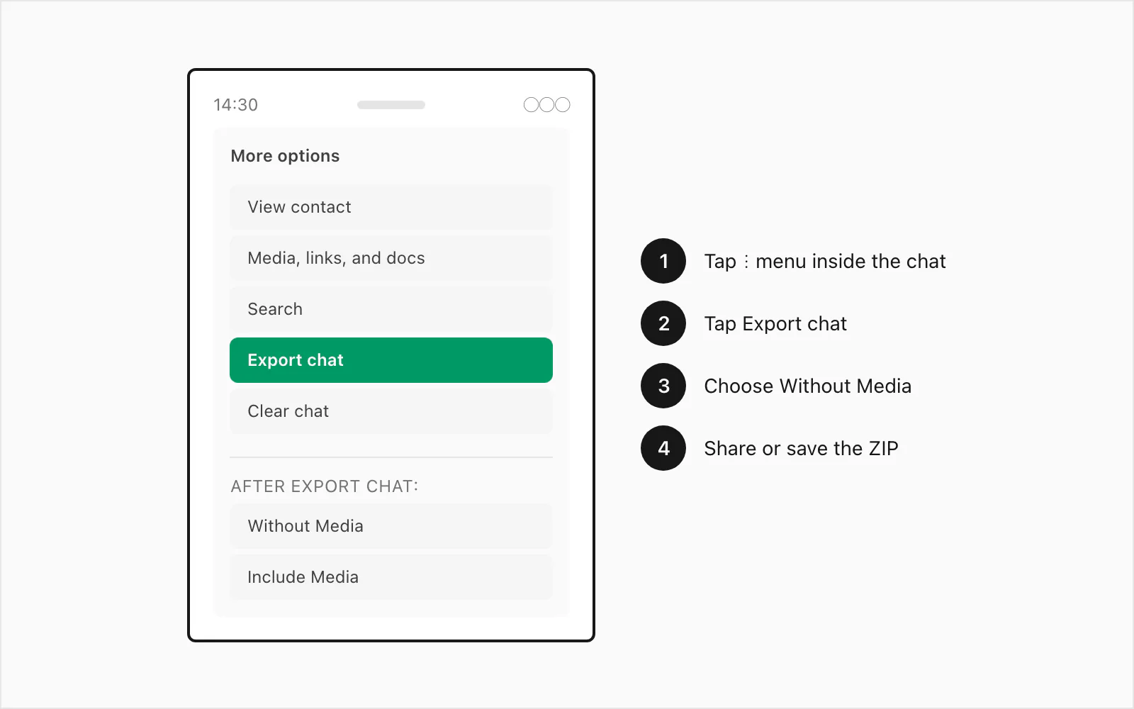 WhatsApp Android Export Chat menu showing the same Without Media and Including Media options