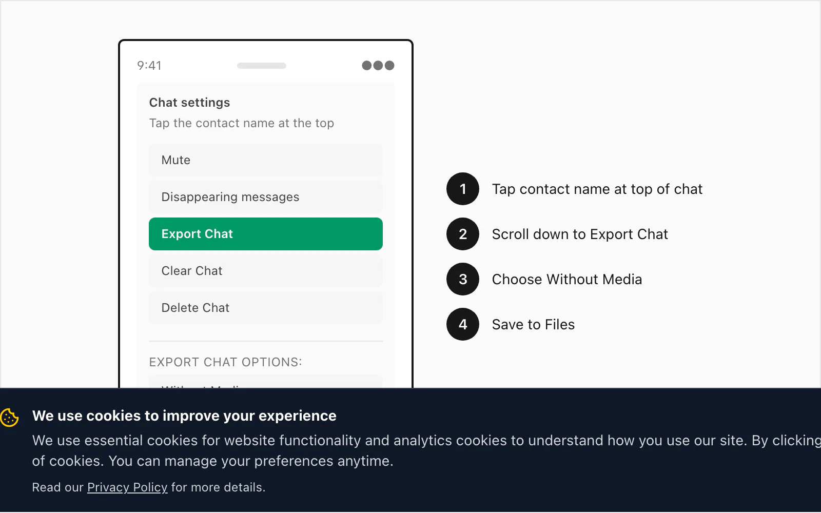 WhatsApp iPhone Export Chat menu with Without Media and Including Media options highlighted