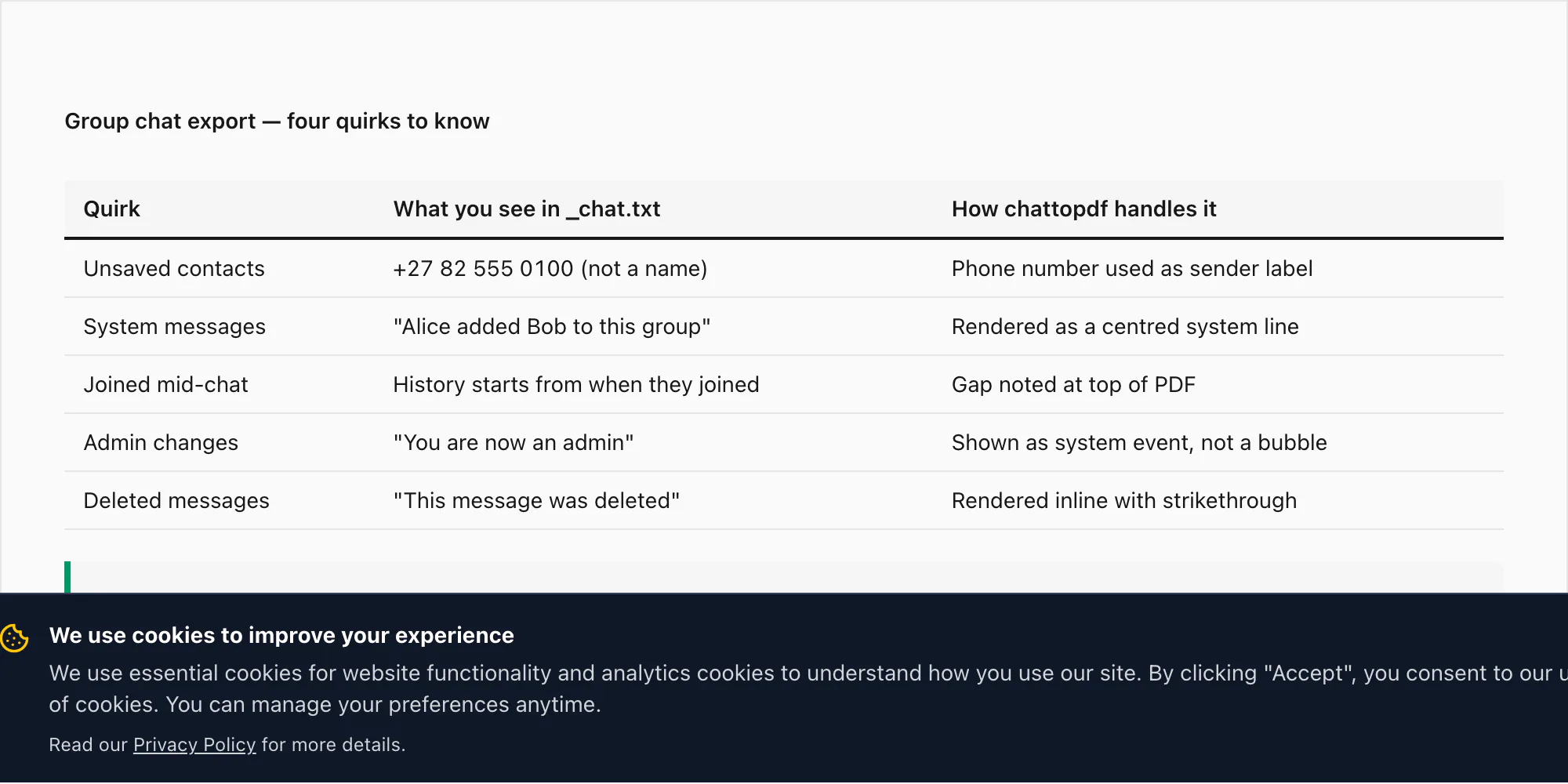 Group chat export quirks: anonymised contacts, system messages, joined messages, and how the export renders them