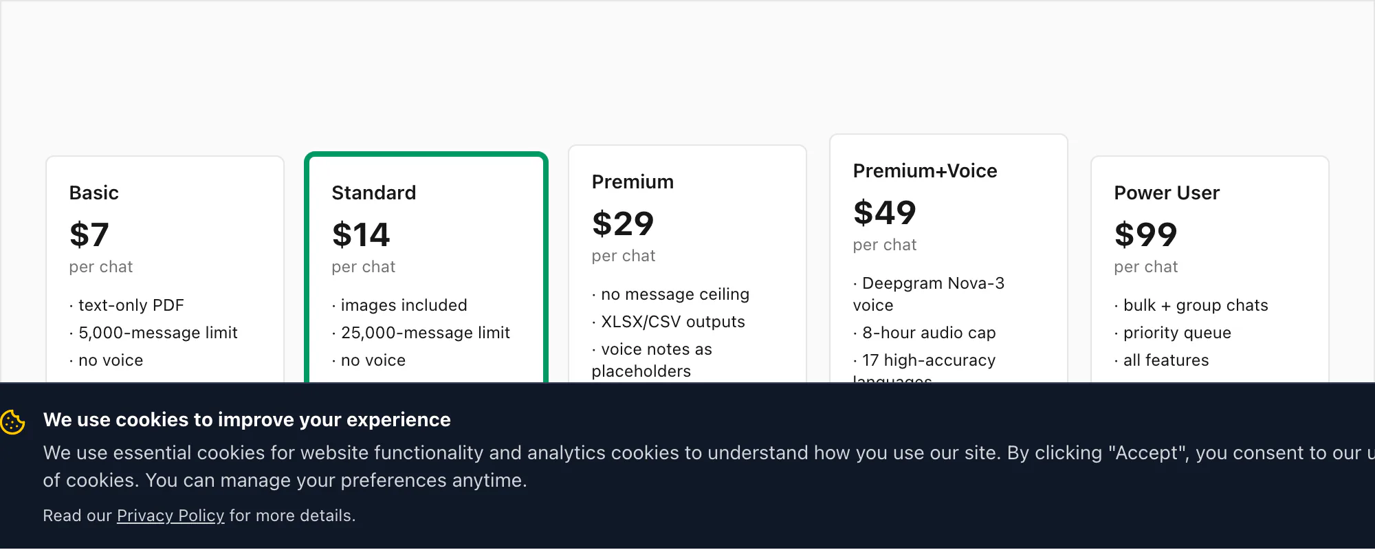 Five chattopdf pricing tiers from $7 Basic to $99 Power User per chat conversion