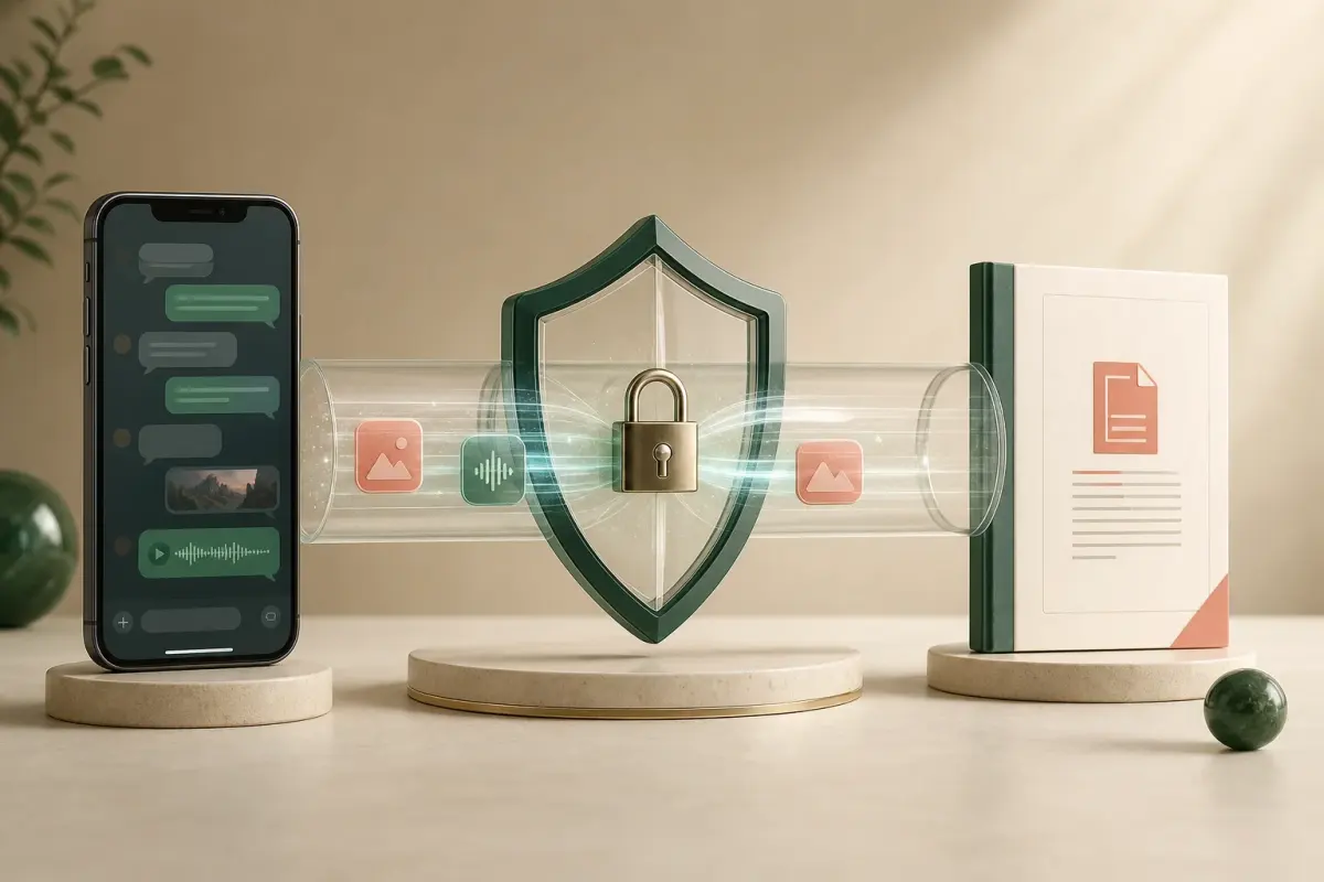 Chat export passing through a locked glass security tunnel before the private data becomes a PDF