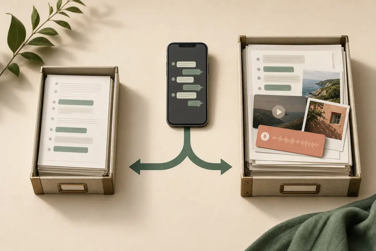 Side-by-side export trays comparing a slim text-only transcript with a larger archive containing photos, video, and audio