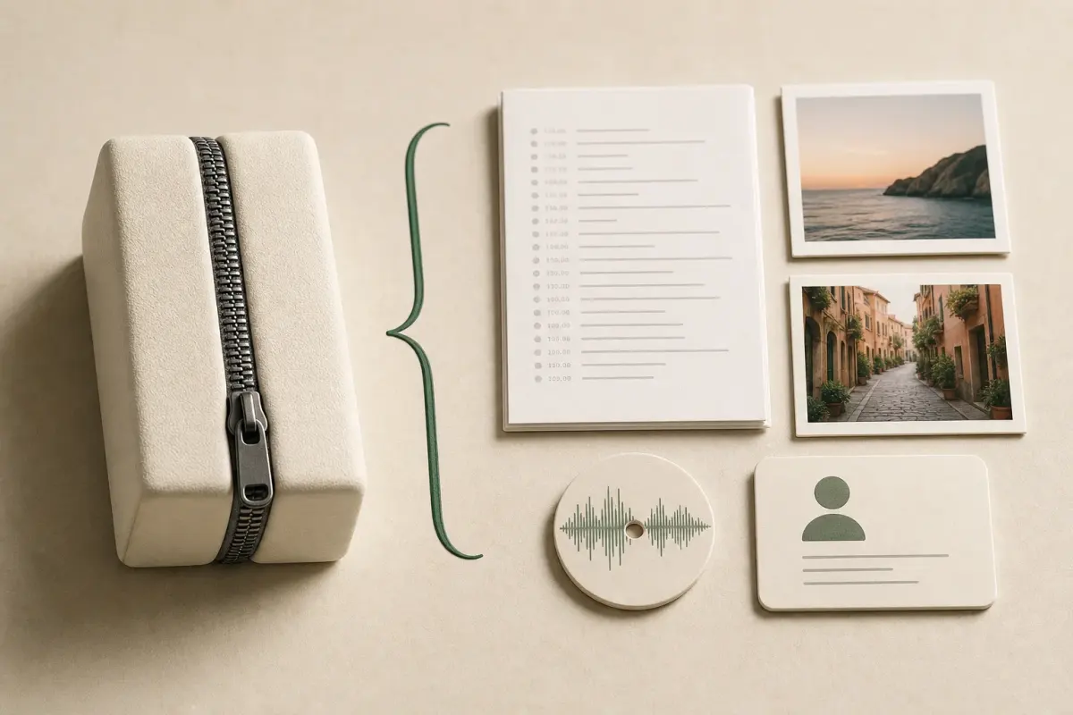 Opened ZIP archive with the chat text file, photo attachments, voice-note disc, and contact card laid out beside it