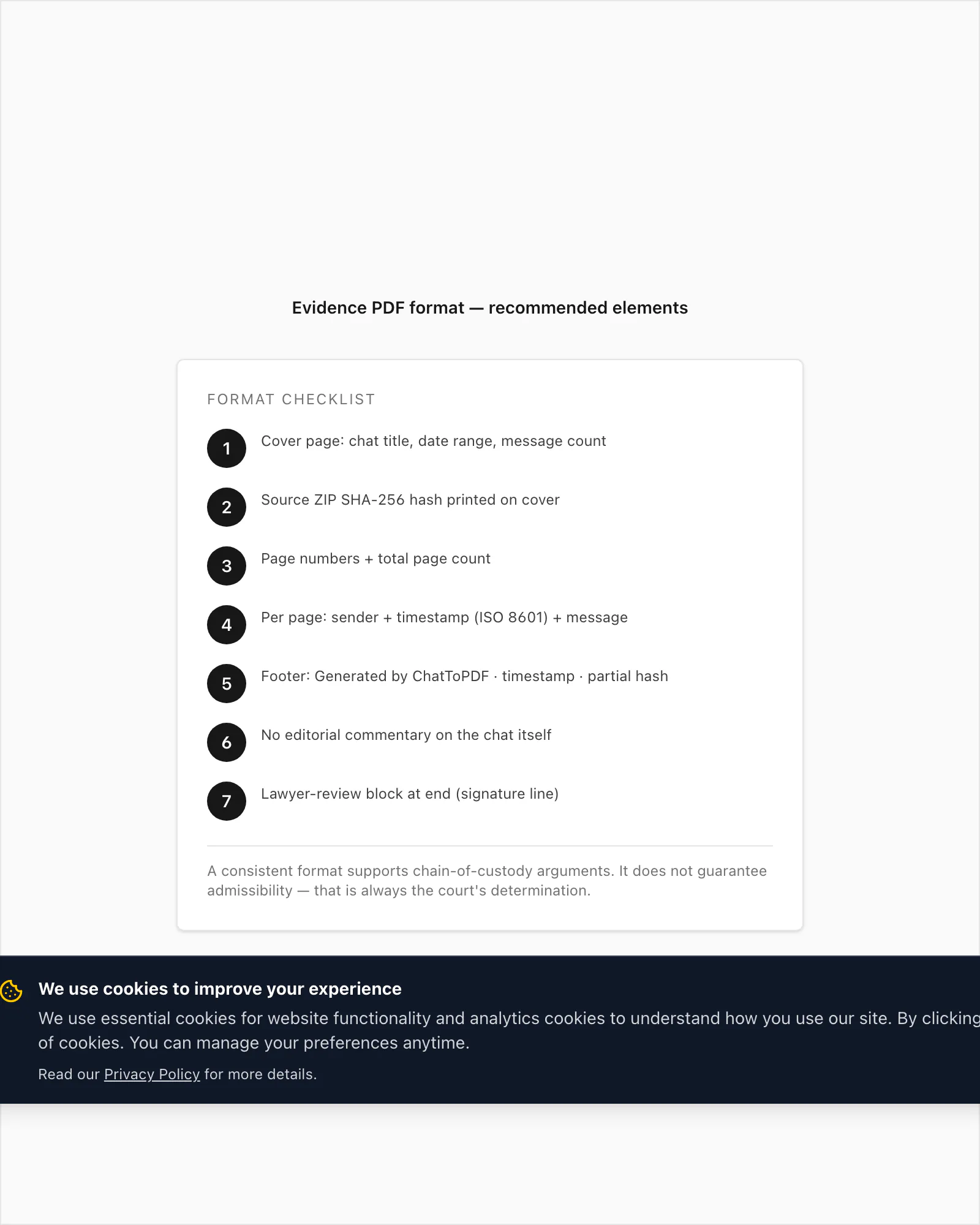 Court evidence PDF format checklist: sender attribution, timestamps, chat title, hash, page numbers, signature line