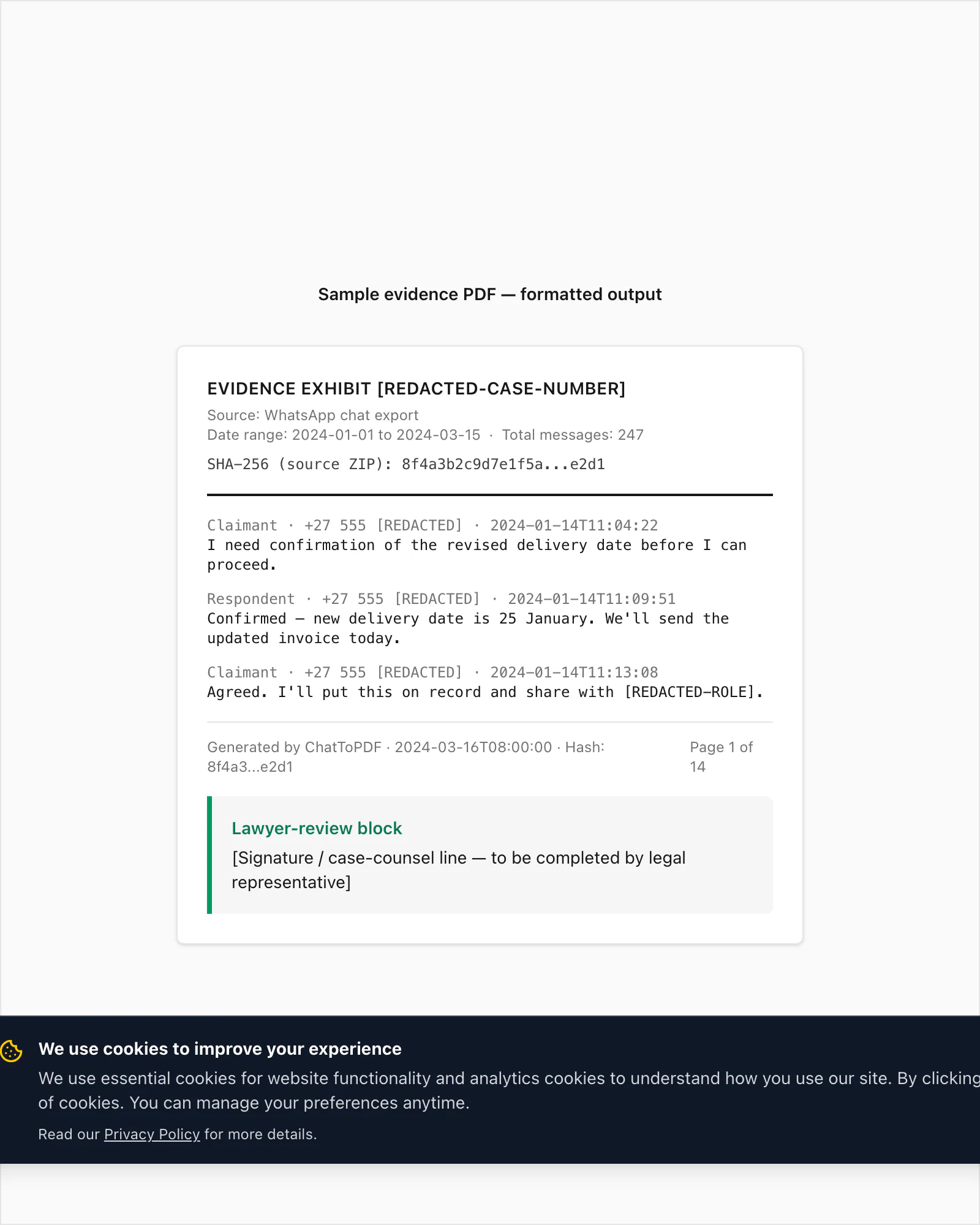 Sample evidence PDF page showing court-ready formatting with cover page, hash, and authenticated chat content