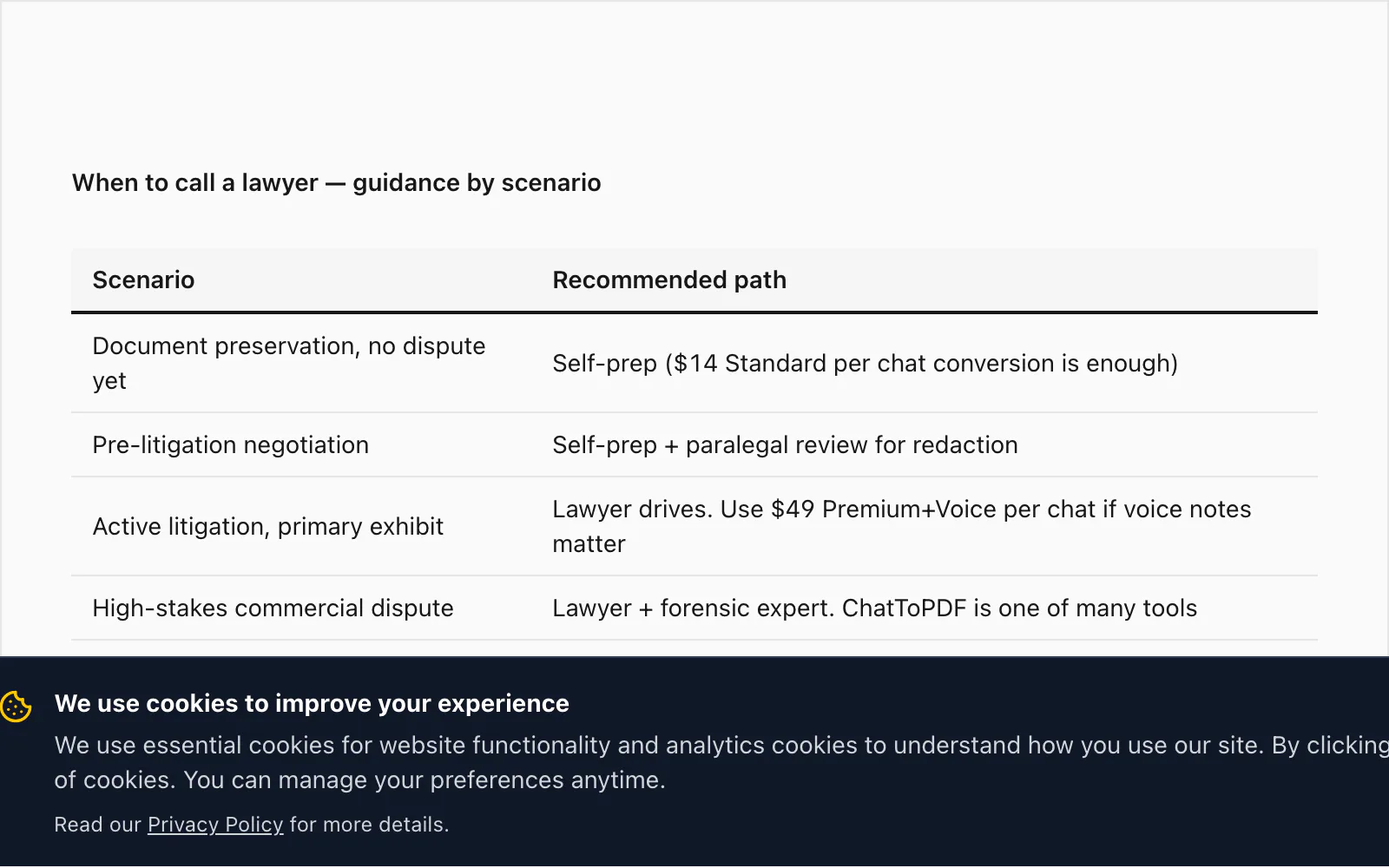 When to call a lawyer flow chart for WhatsApp evidence preparation across self-prep, paralegal, and counsel paths