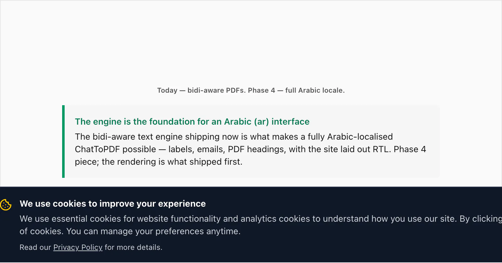 Callout on the upcoming Arabic locale for ChatToPDF — RTL interface in Phase 4, on top of the bidi engine shipping now
