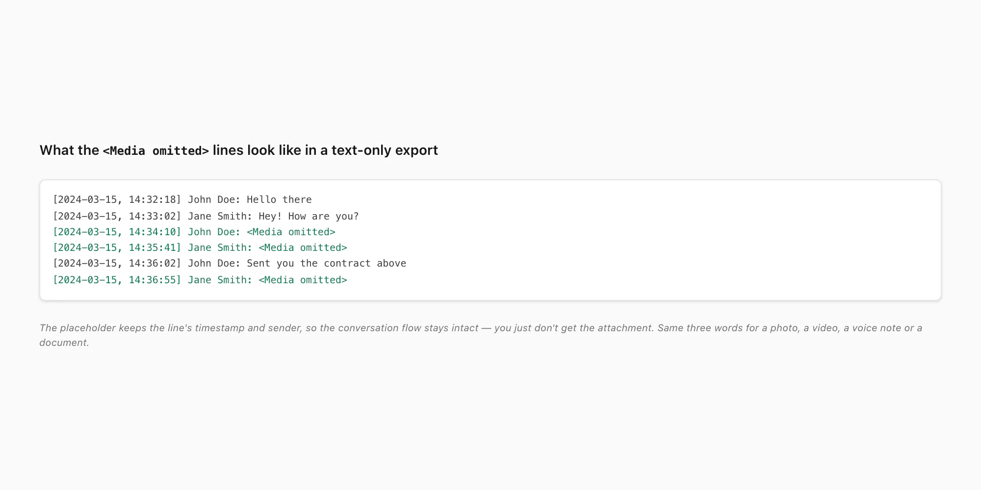 Sample _chat.txt lines from a Without Media WhatsApp export, photos and voice notes shown as Media omitted placeholders