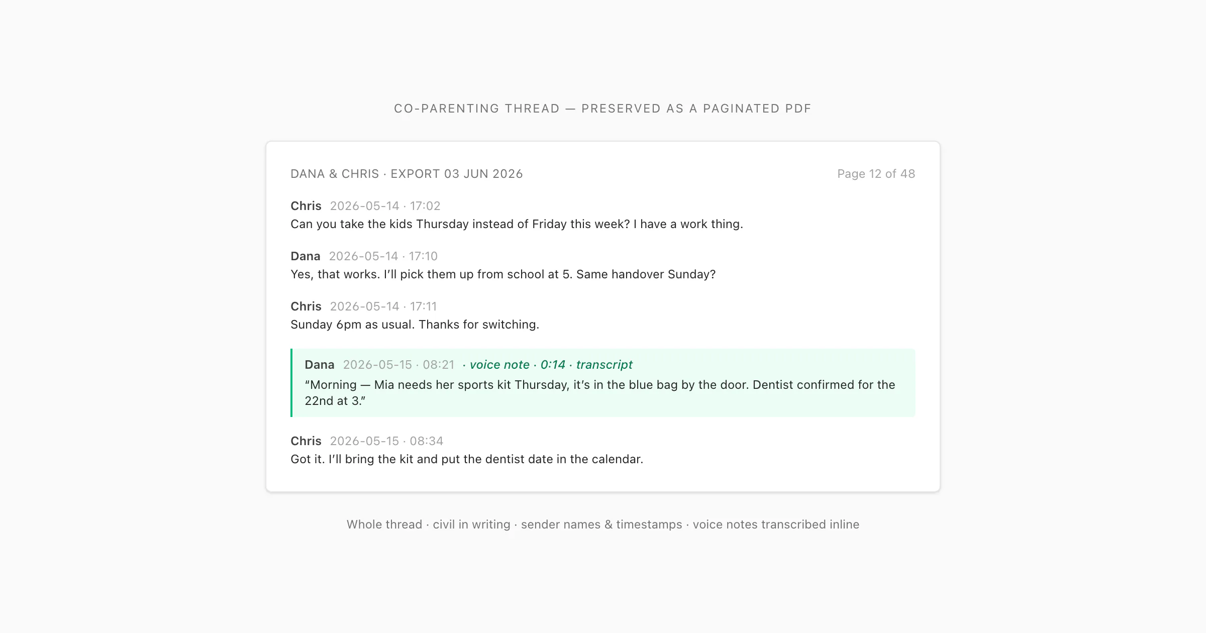 Civil co-parenting WhatsApp message thread rendered as a paginated PDF with sender names and timestamps for a custody case