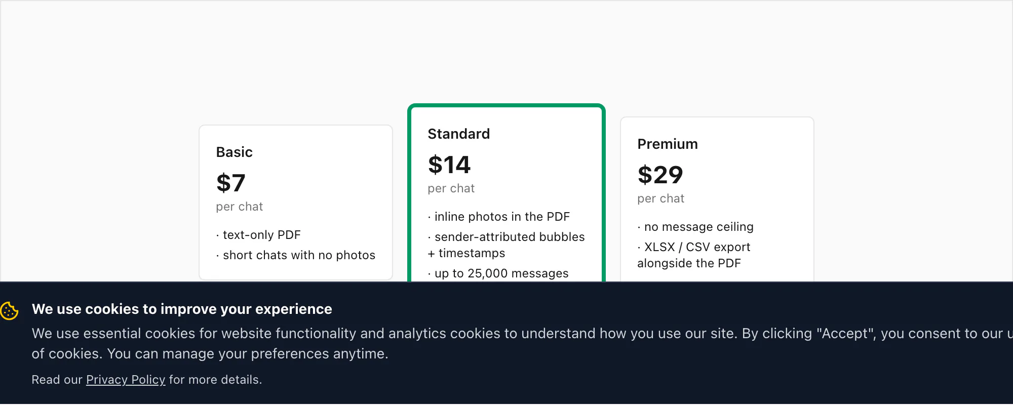 ChatToPDF pricing tiers Basic Standard and Premium per chat, with Standard highlighted as the usual pick