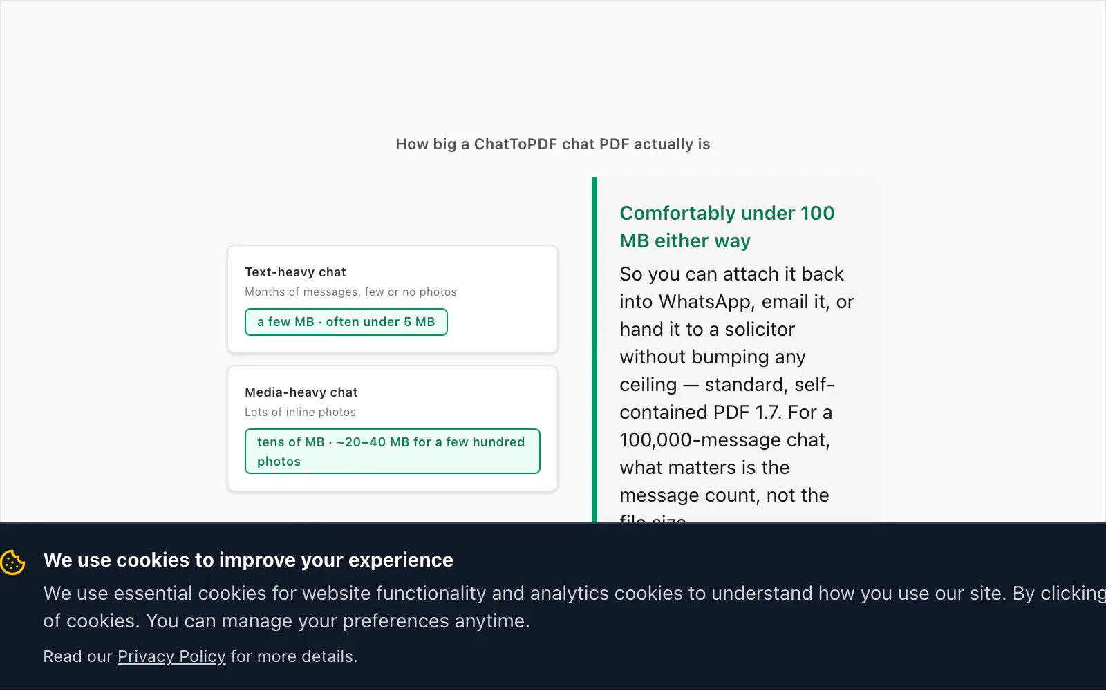 Callout on ChatToPDF output sizes — a text-heavy chat PDF a few MB, a media-heavy one tens of MB, under 100 MB
