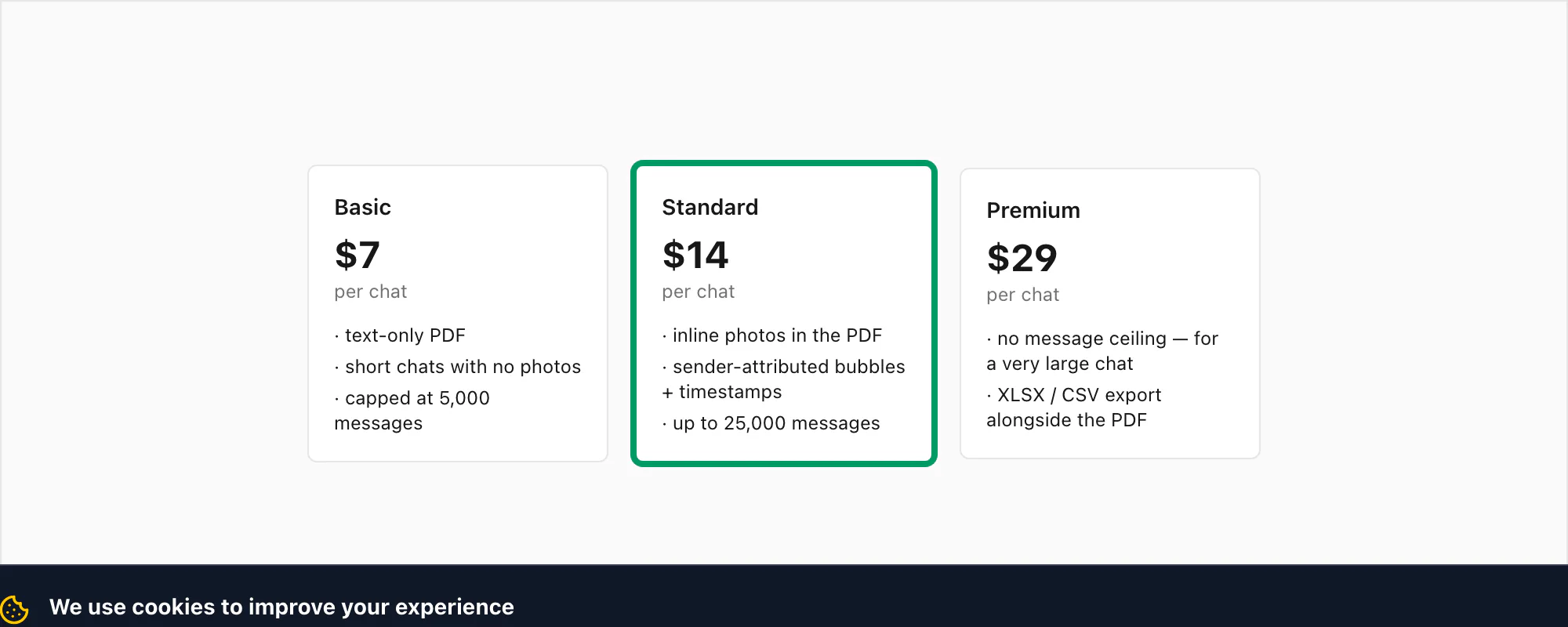 ChatToPDF pricing tiers Basic Standard and Premium per chat, with Premium noted for lifting the message ceiling