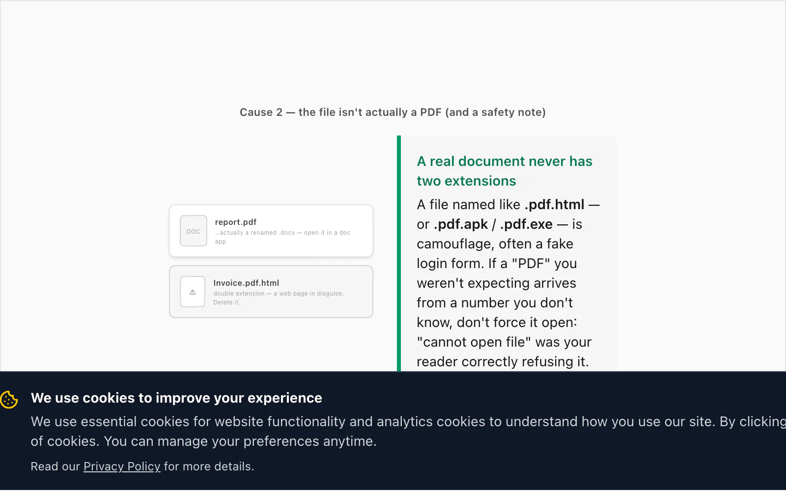 Safety callout on the pdf dot html trick where a WhatsApp file looks like a PDF but is actually a web page