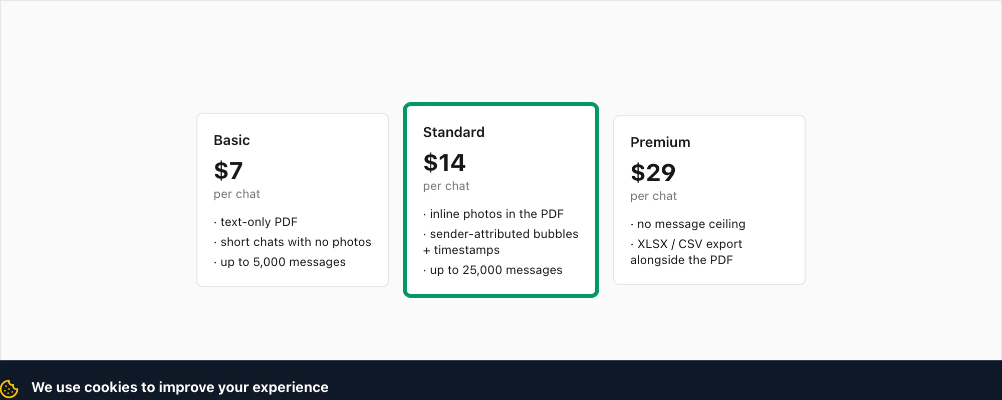 ChatToPDF pricing tiers Basic Standard and Premium per chat, with Standard highlighted as the usual pick