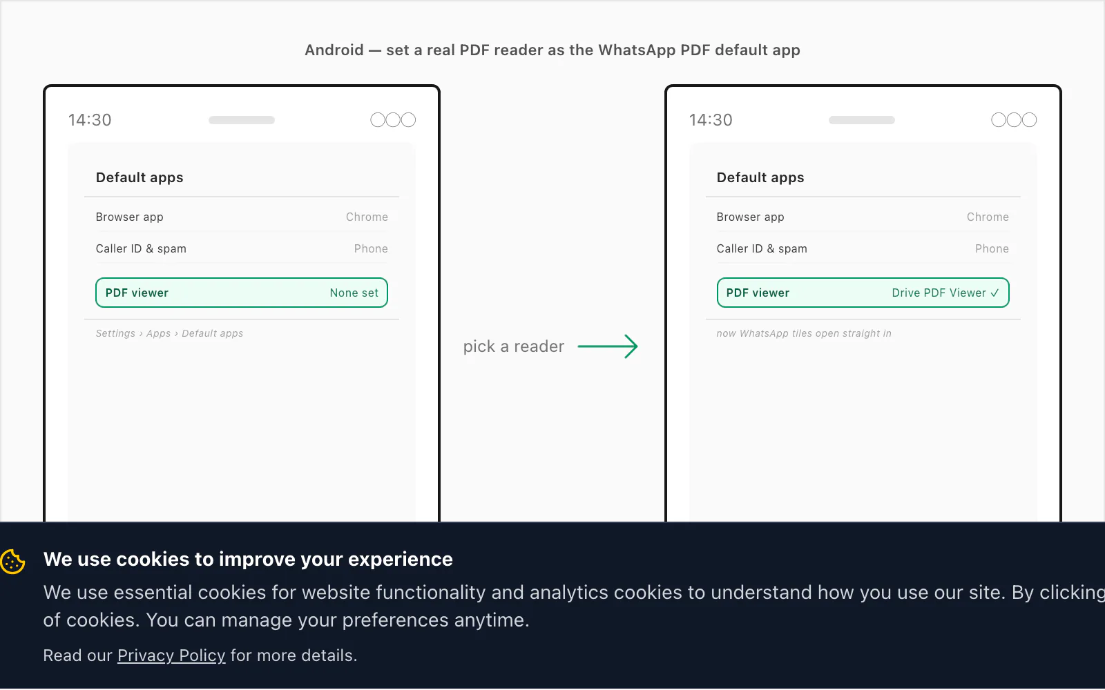 Android Settings path through Apps and Default apps to pick the PDF viewer WhatsApp hands documents to