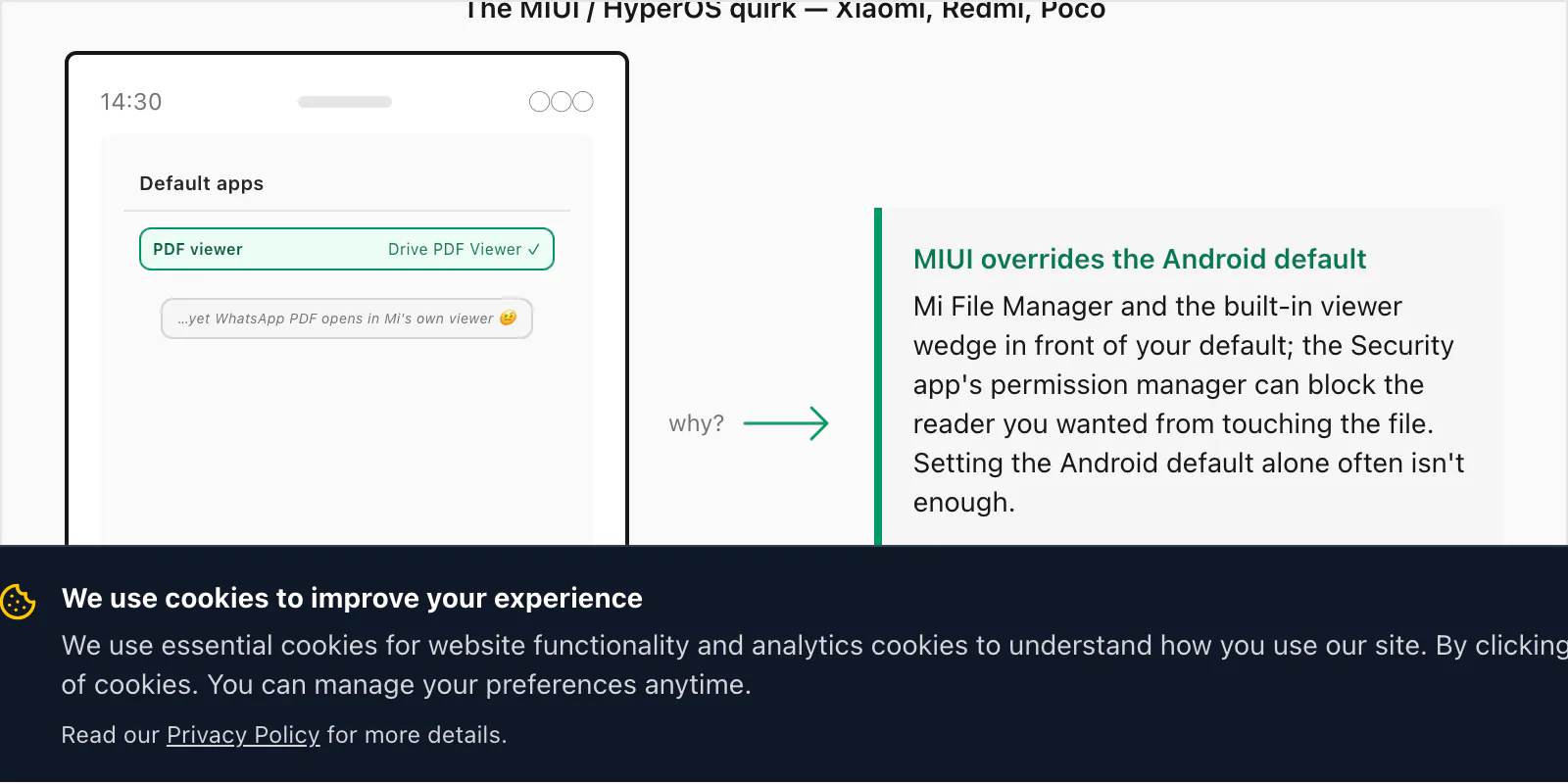 Callout on the MIUI and HyperOS quirk where Xiaomi reroutes PDF defaults despite an Android default being set