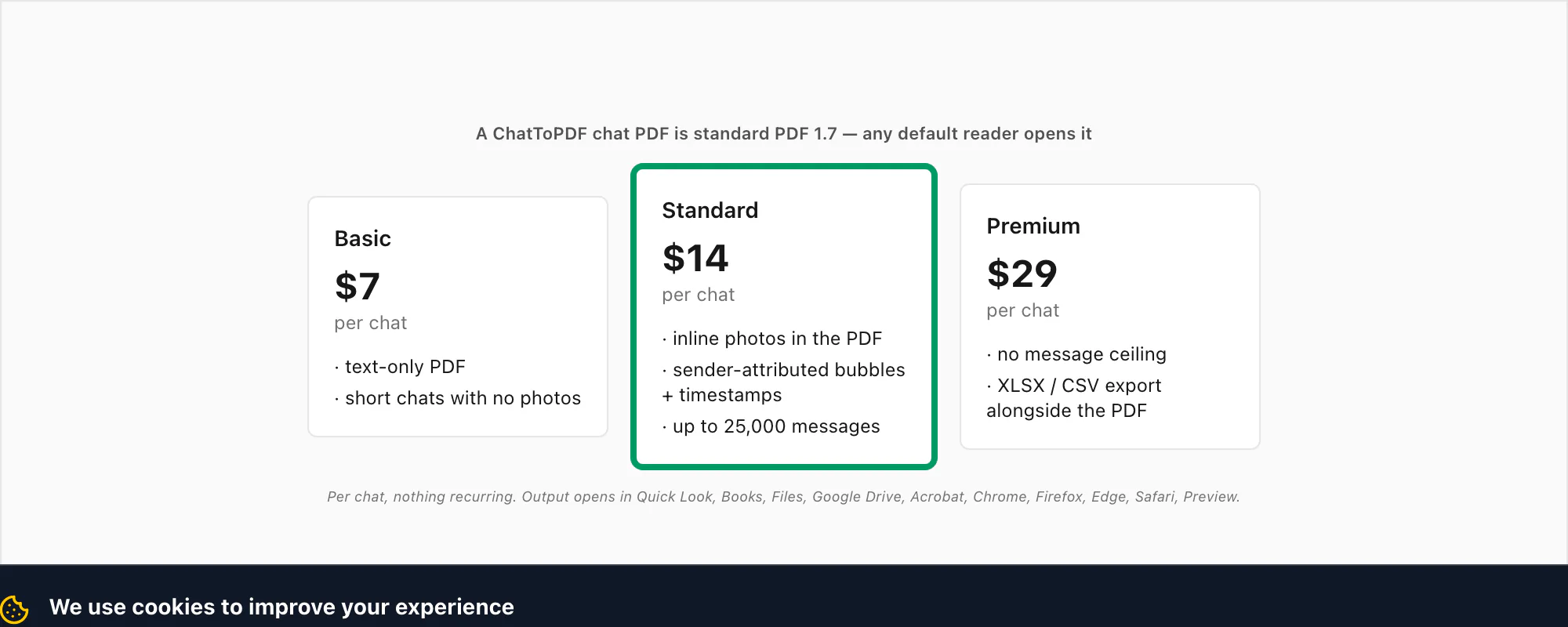 ChatToPDF pricing strip noting Basic Standard and Premium per chat produce a standard PDF 1.7 any reader opens